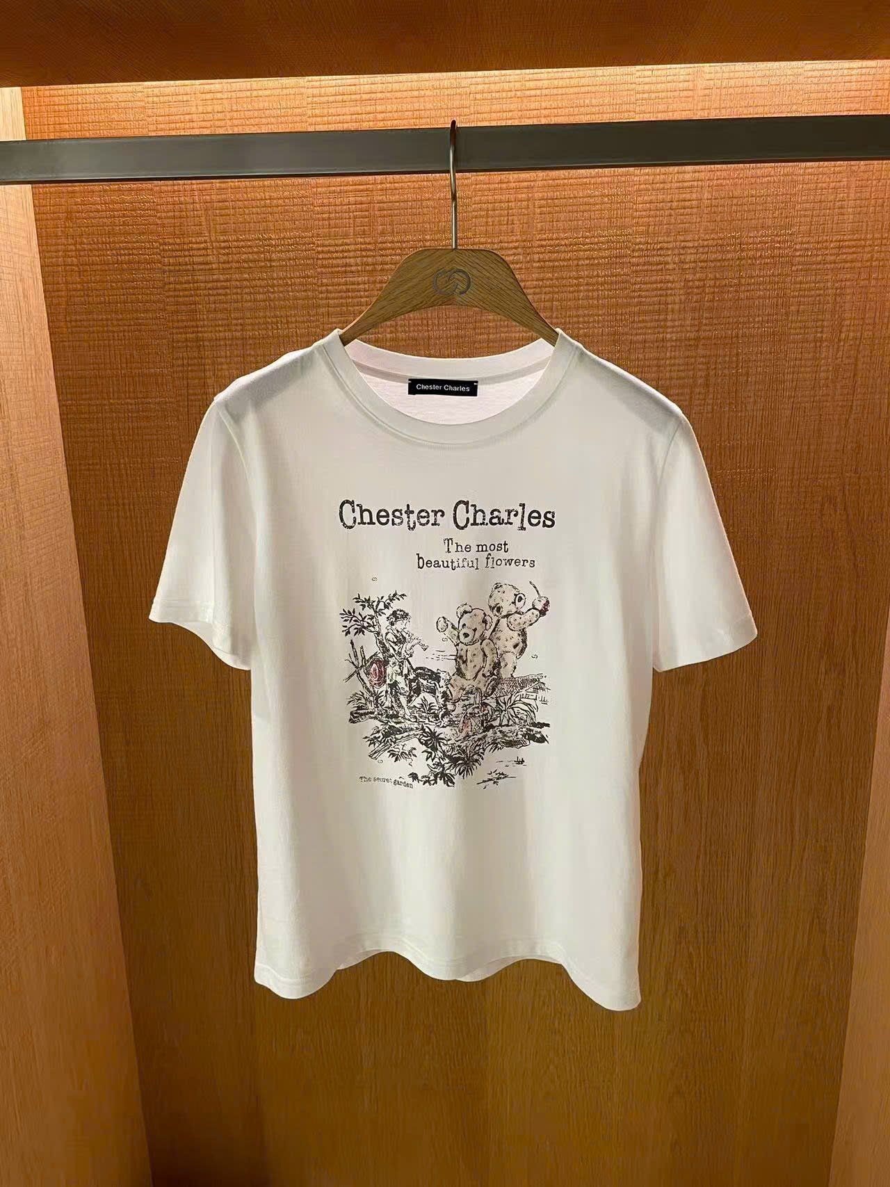  4.Áo phông trắng họa tiết gấu xám hồng nhẹ 