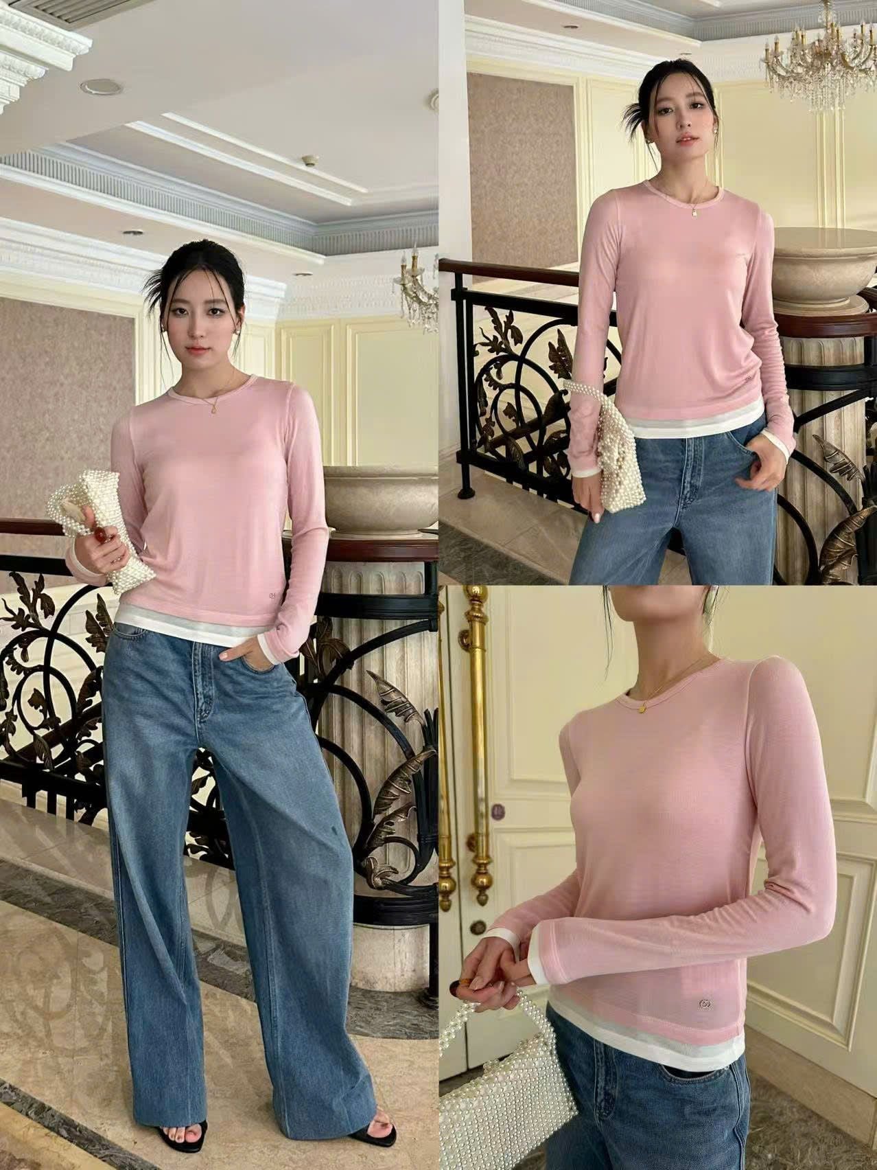  Áo thun hồng dài tay , viền gấu trắng 