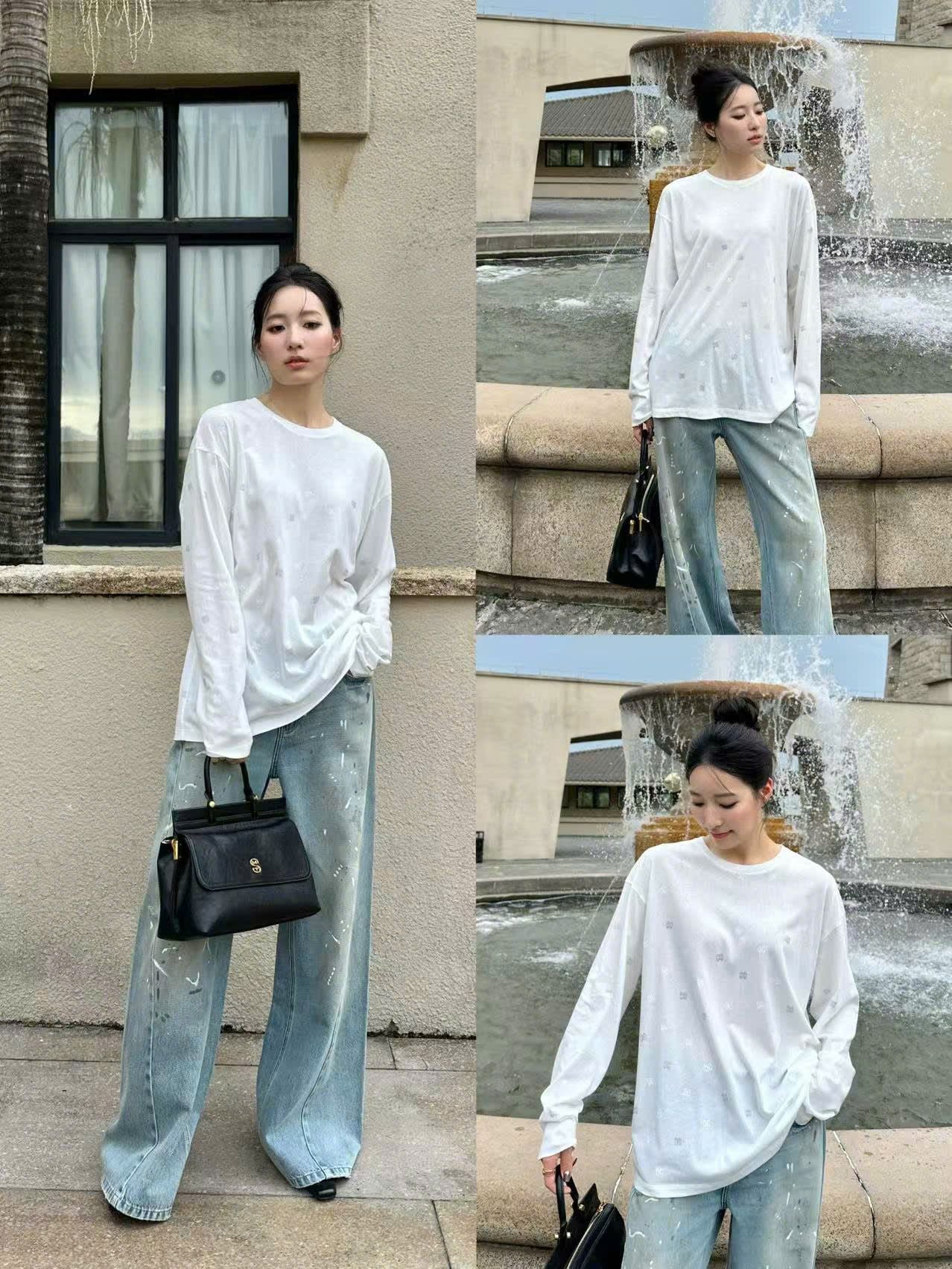  Áo cotton trắng dài tay logo đính đá nhỏ 
