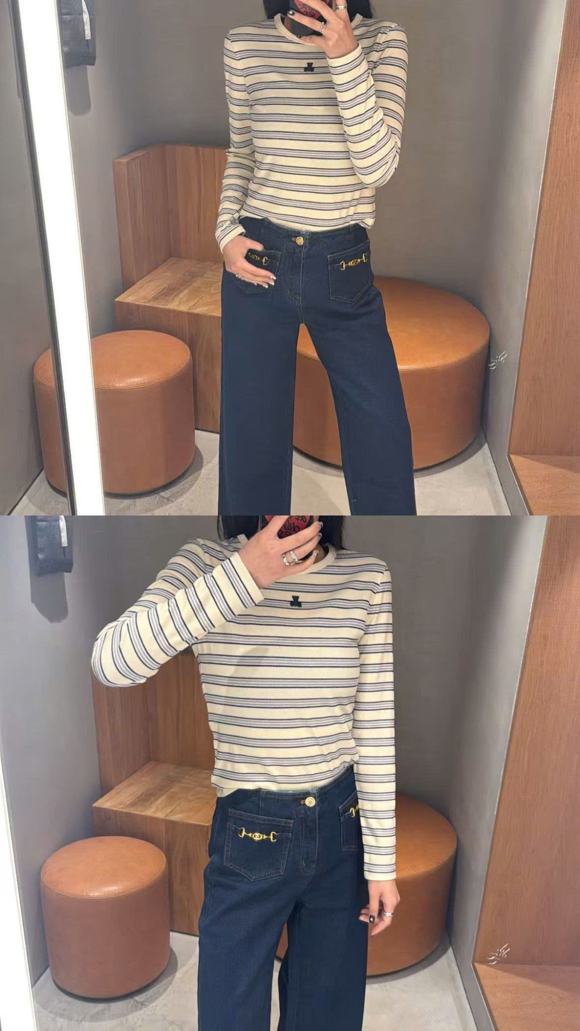  Áo thun kẻ ngang gấu đen nhỏ trước ngực 