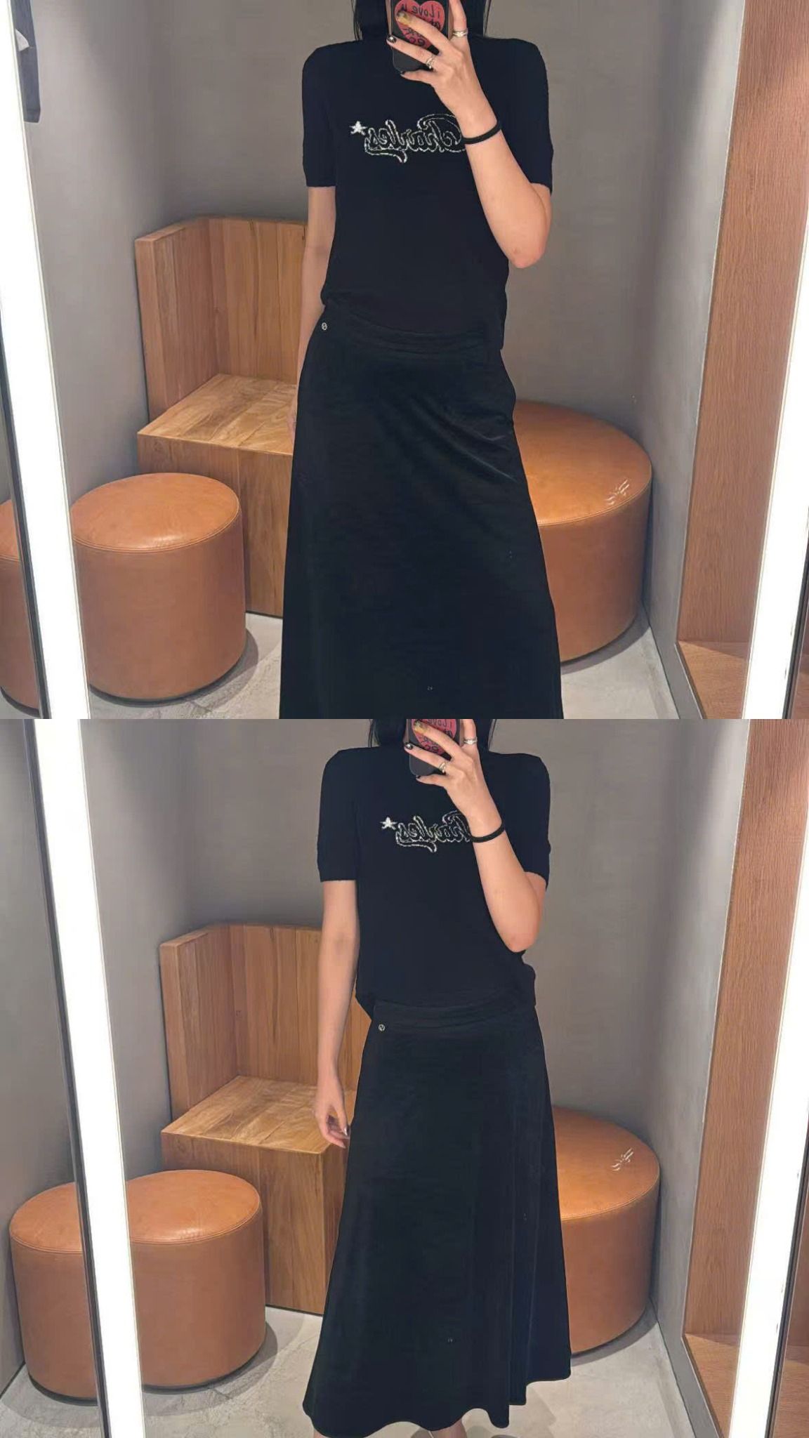  Chân váy nhung đen dài, logo đá nhỏ 