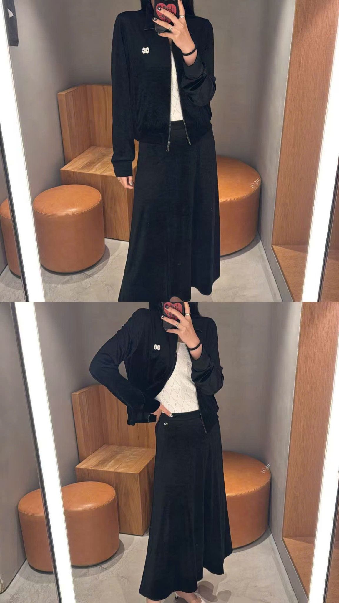  Chân váy nhung đen dài, logo đá nhỏ 