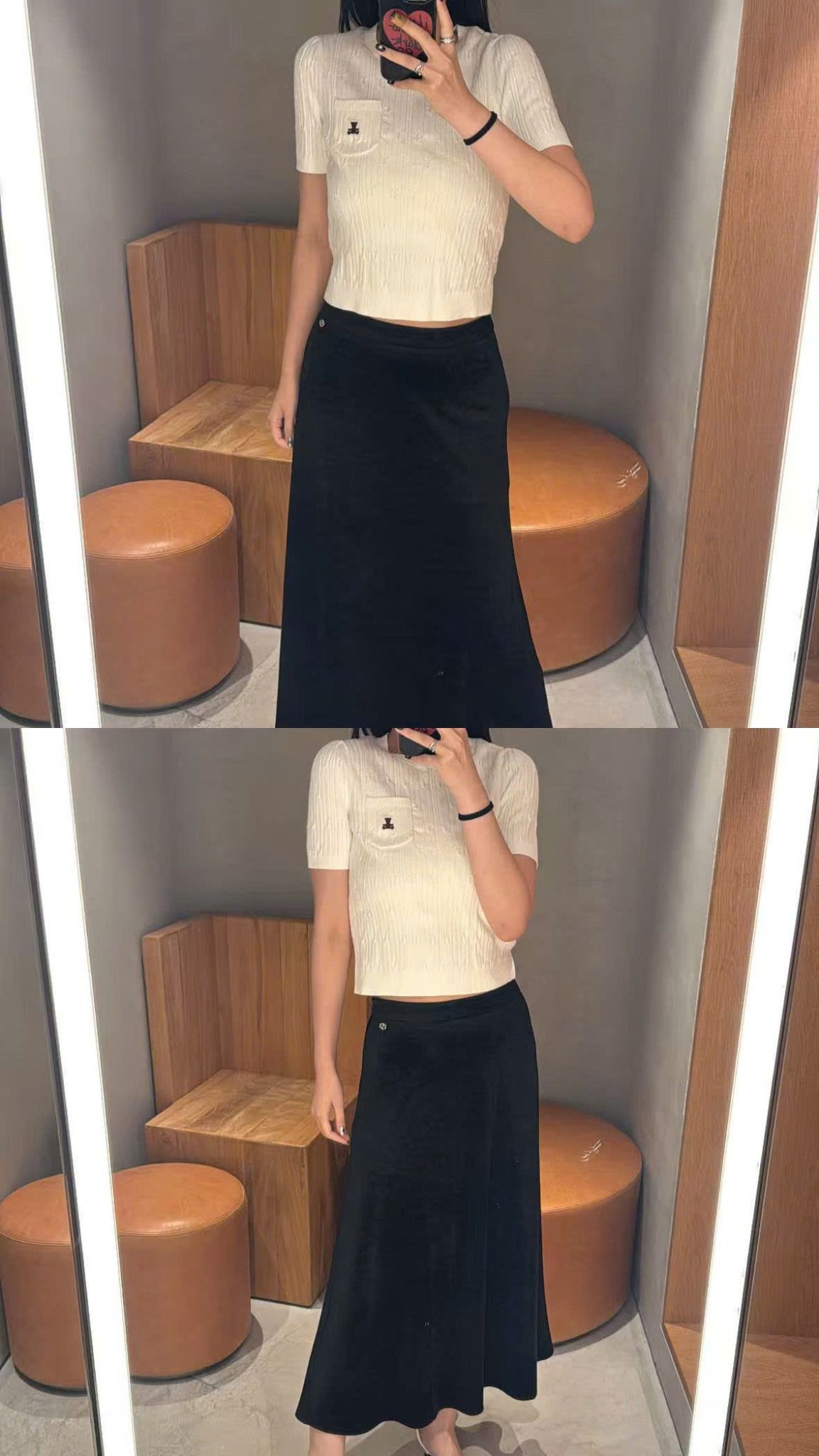  Chân váy nhung đen dài, logo đá nhỏ 