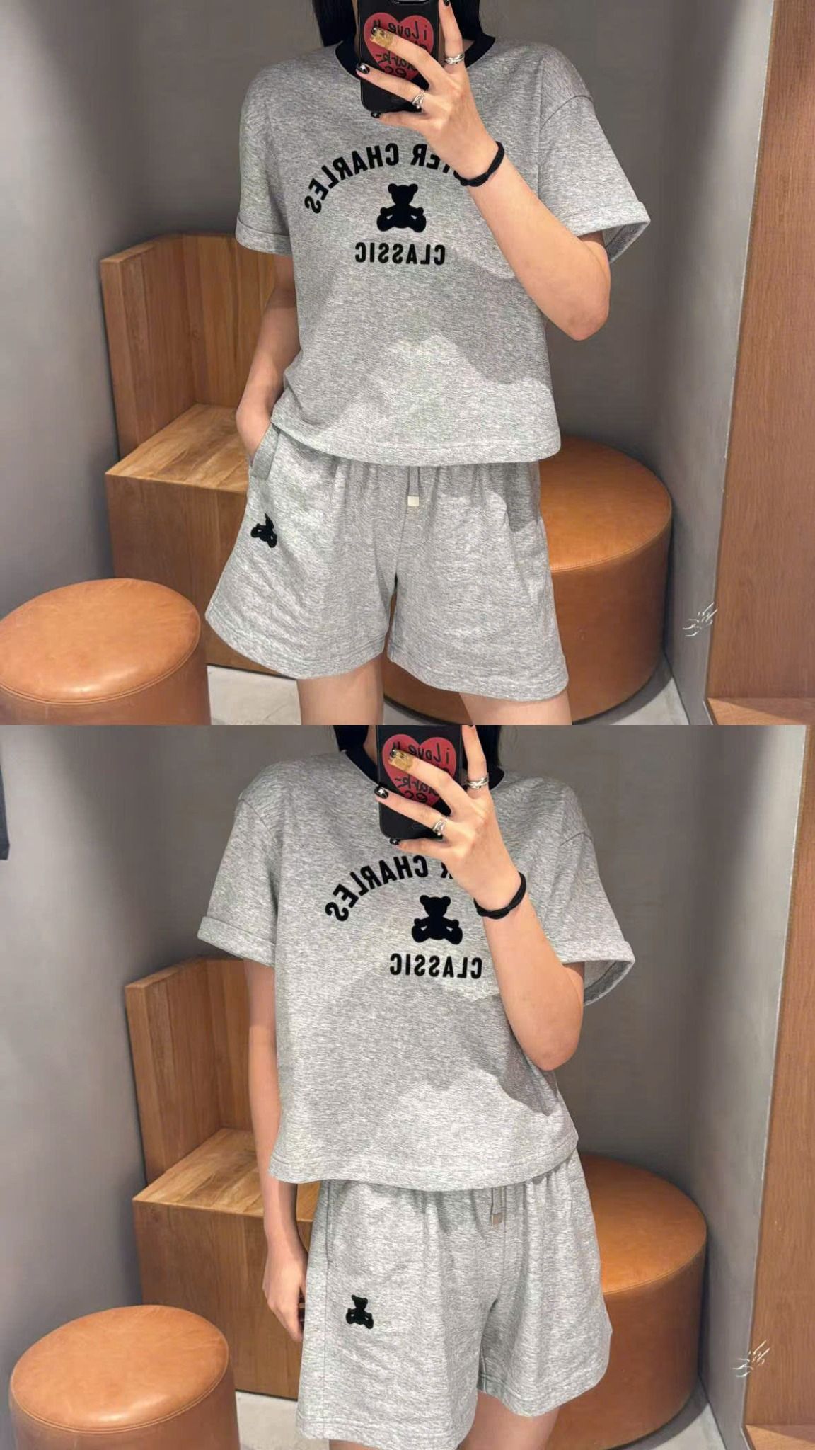  Áo thun xám, cổ viền đen và chữ gấu ngực (SET) 