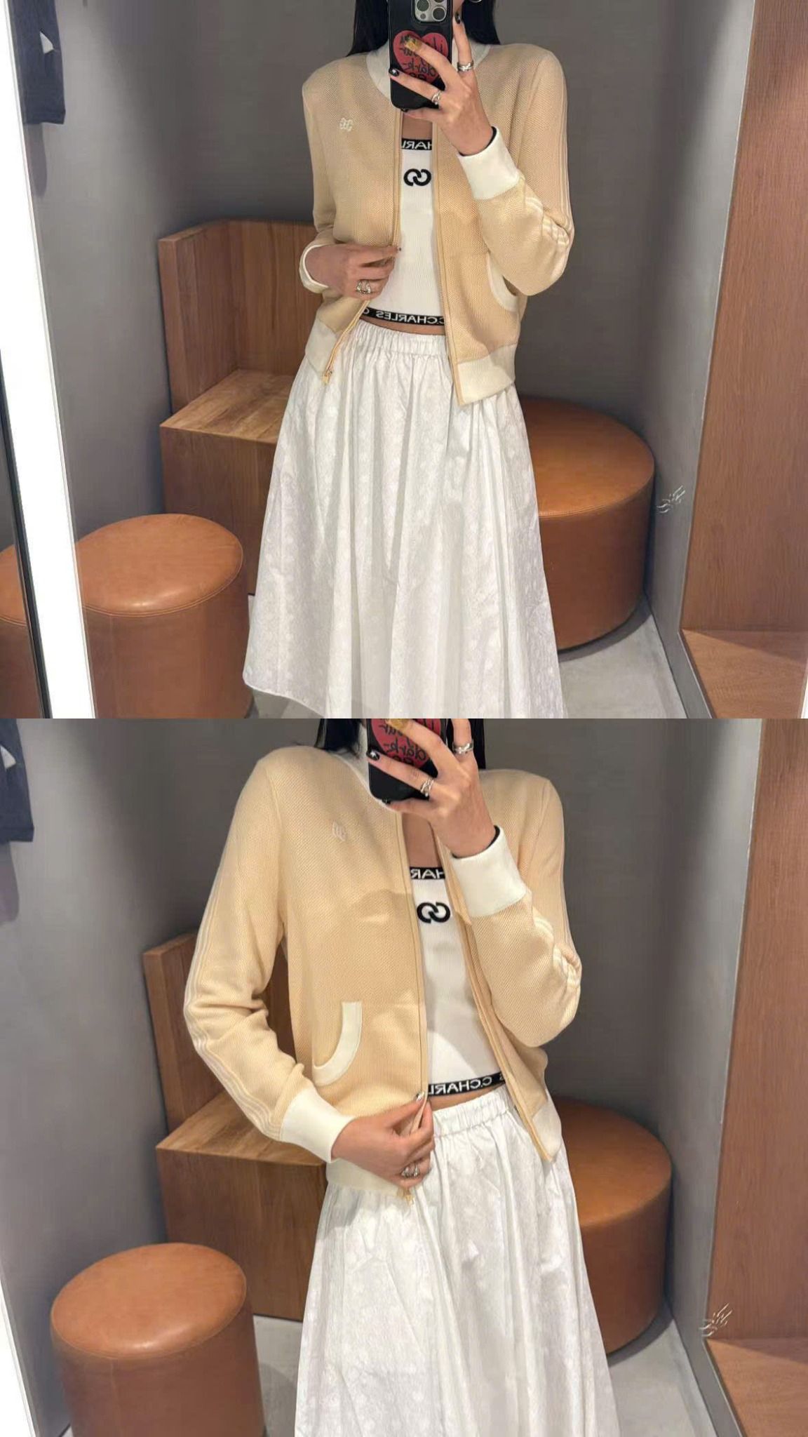  Áo khoác vàng dài tay, cổ trắng khóa zip 