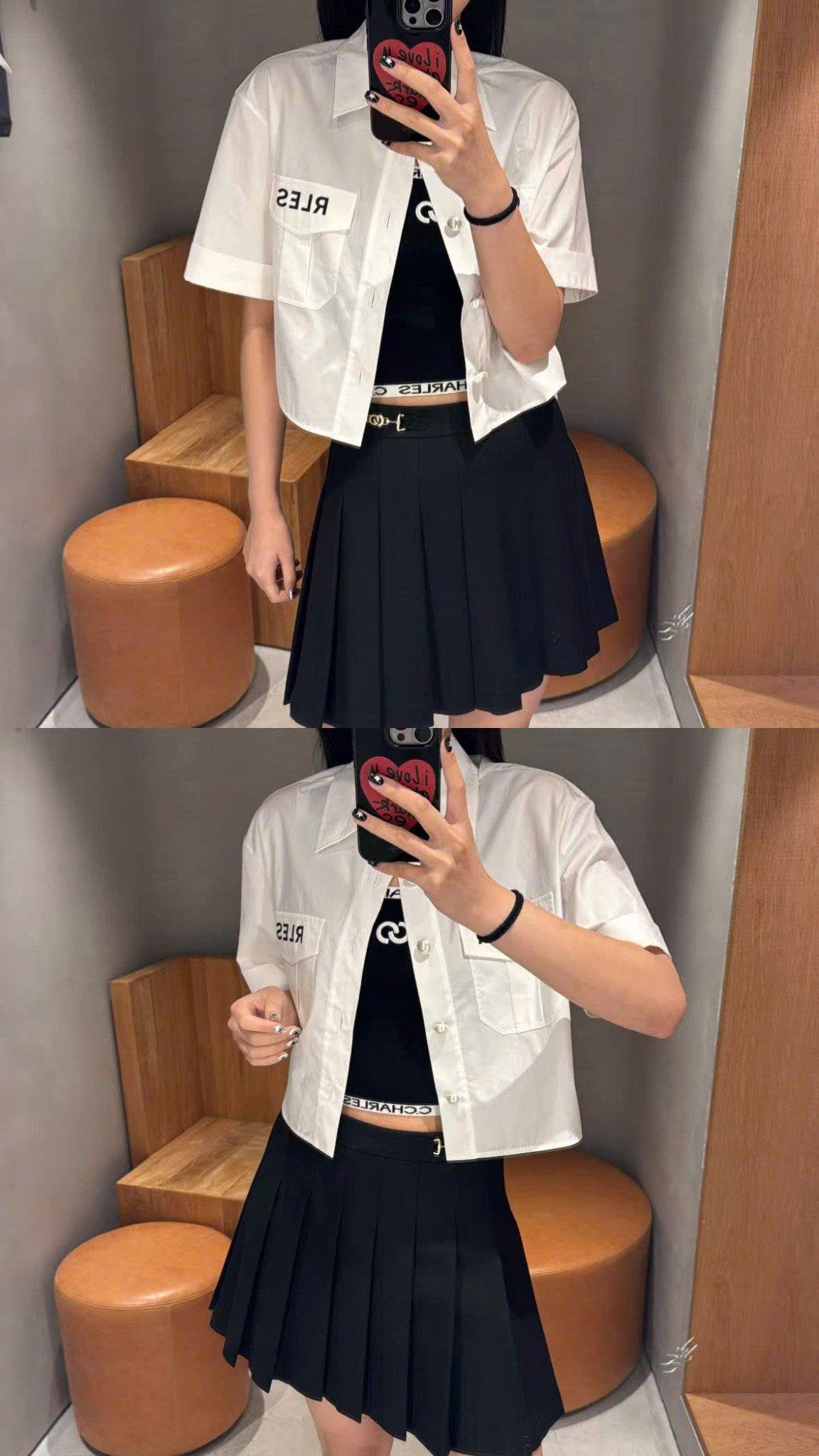  Chân váy xếp ly đen, cạp 2 Logo xích vàng 