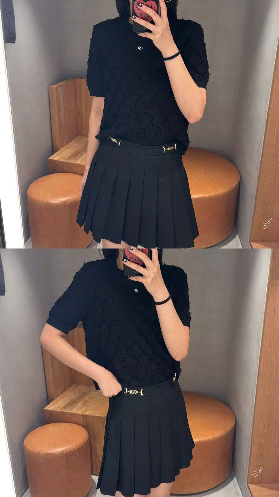  Chân váy xếp ly đen, cạp 2 Logo xích vàng 