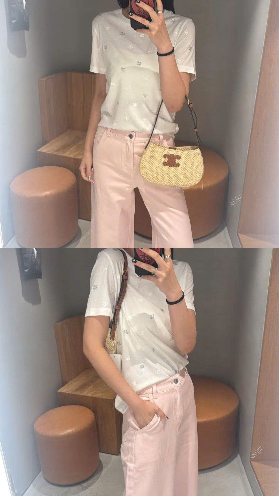  2.Quần jean hồng túi chéo, logo túi sau 