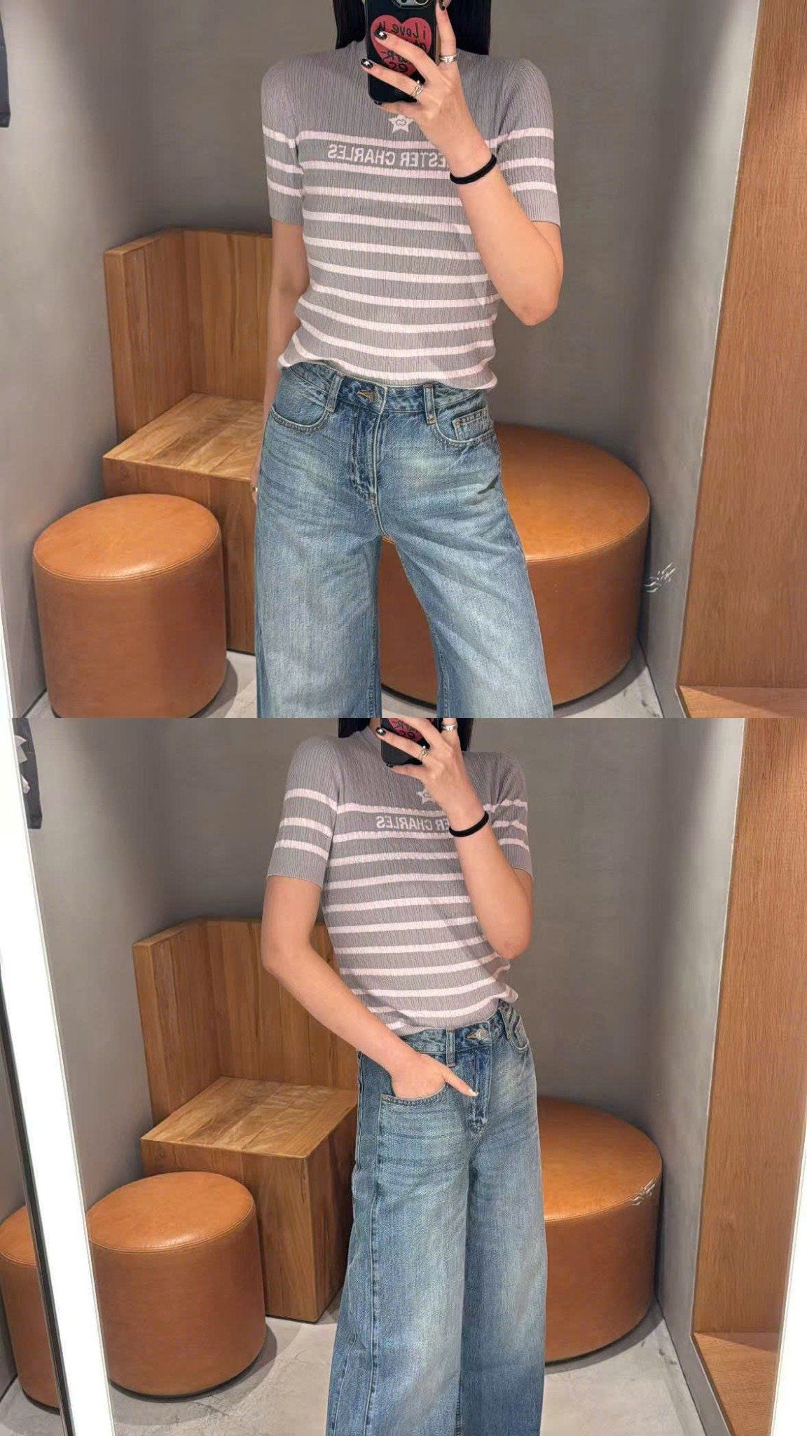  5.Quần jean xanh SS25 chữ chồng nhau 1 bên túi 