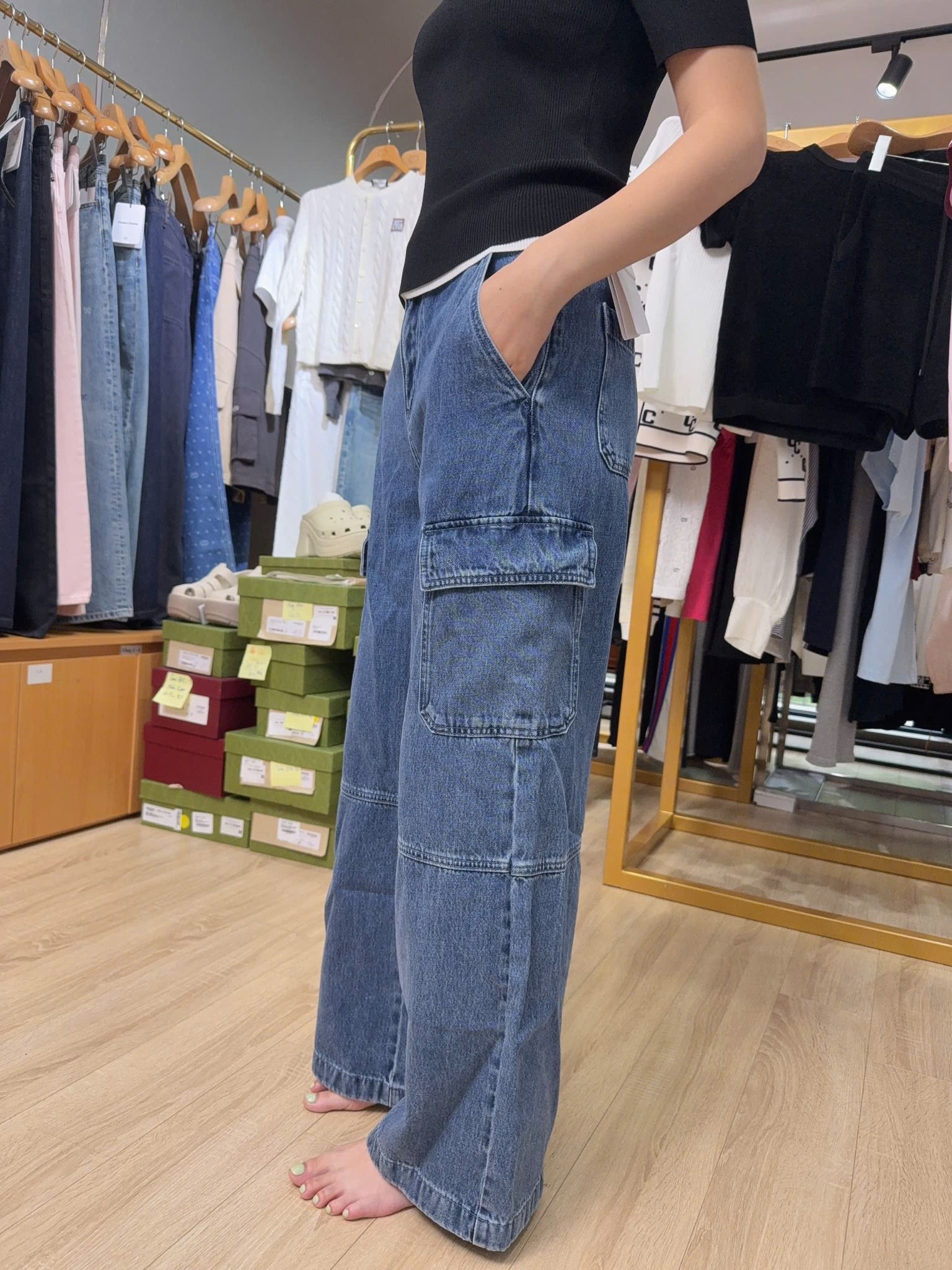  Quần jean túi hộp xanh đậm 