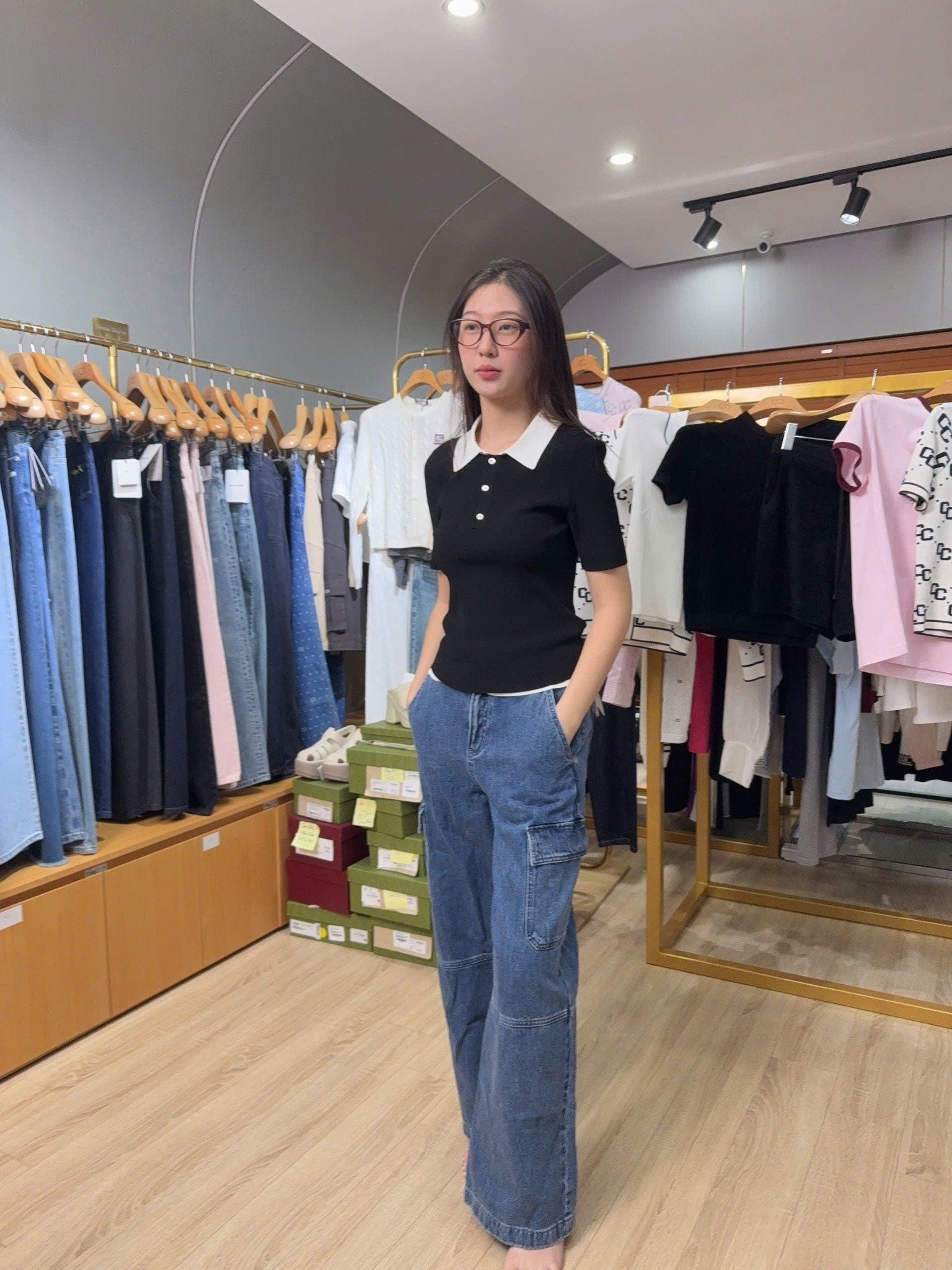  Quần jean túi hộp xanh đậm 