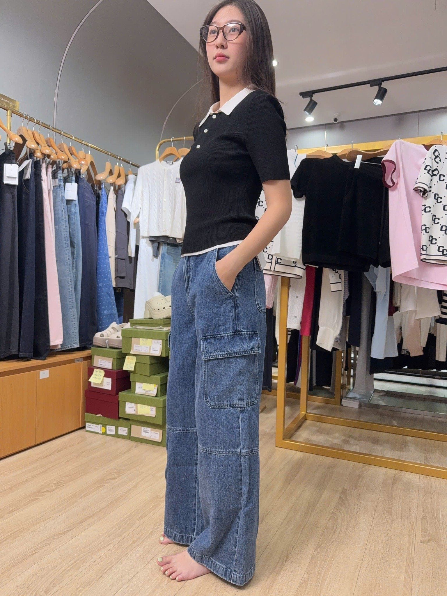  Quần jean túi hộp xanh đậm 