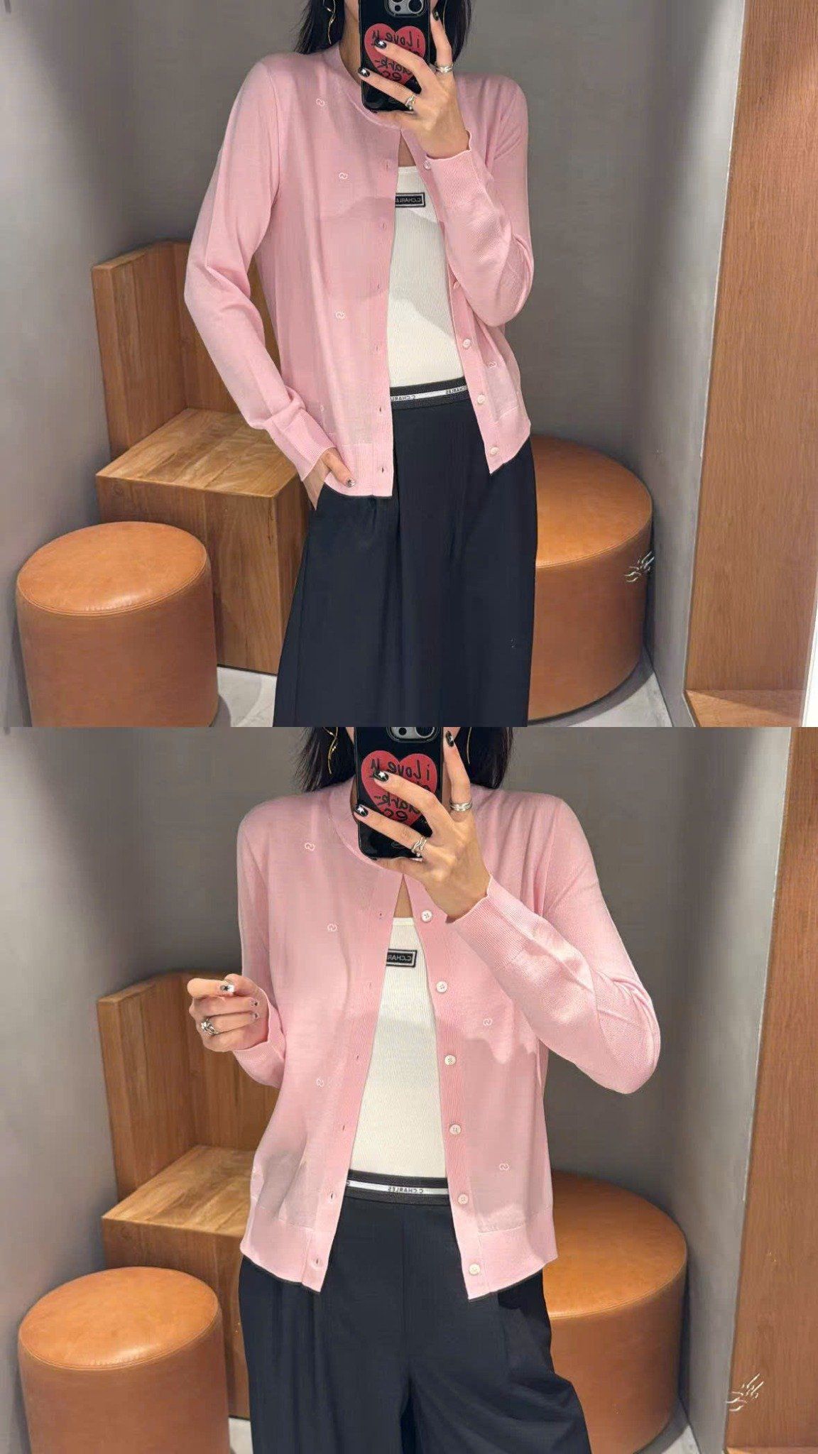  Áo CDG hồng dài tay, logo trắng nhỏ 