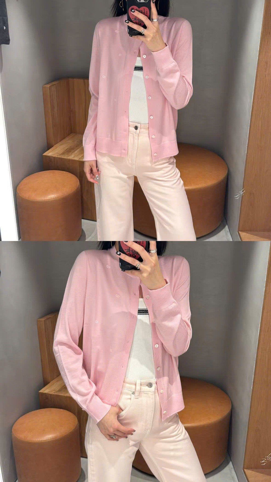  Áo CDG hồng dài tay, logo trắng nhỏ 