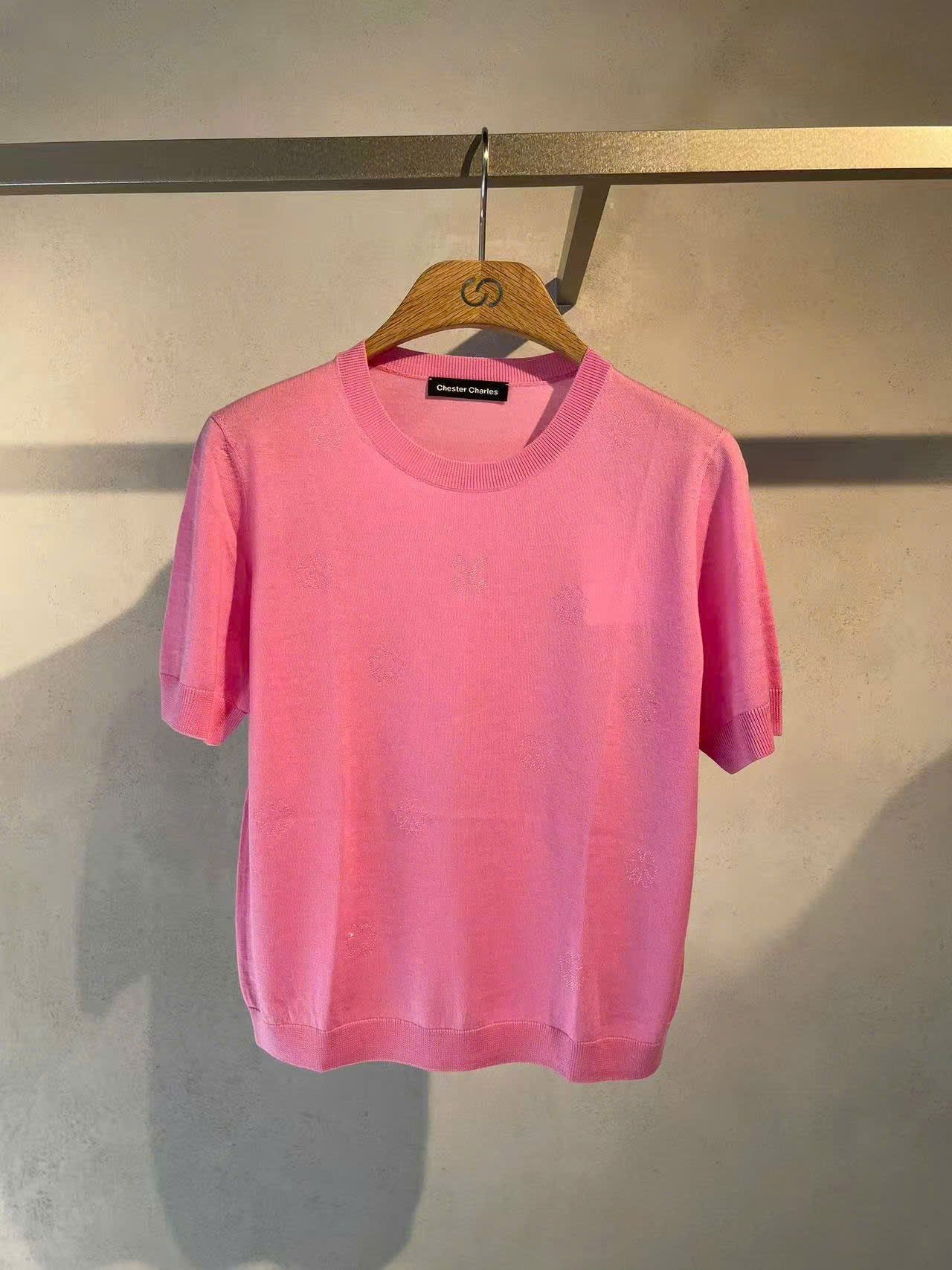  Áo hồng sen ngắn tay, bo gấu 