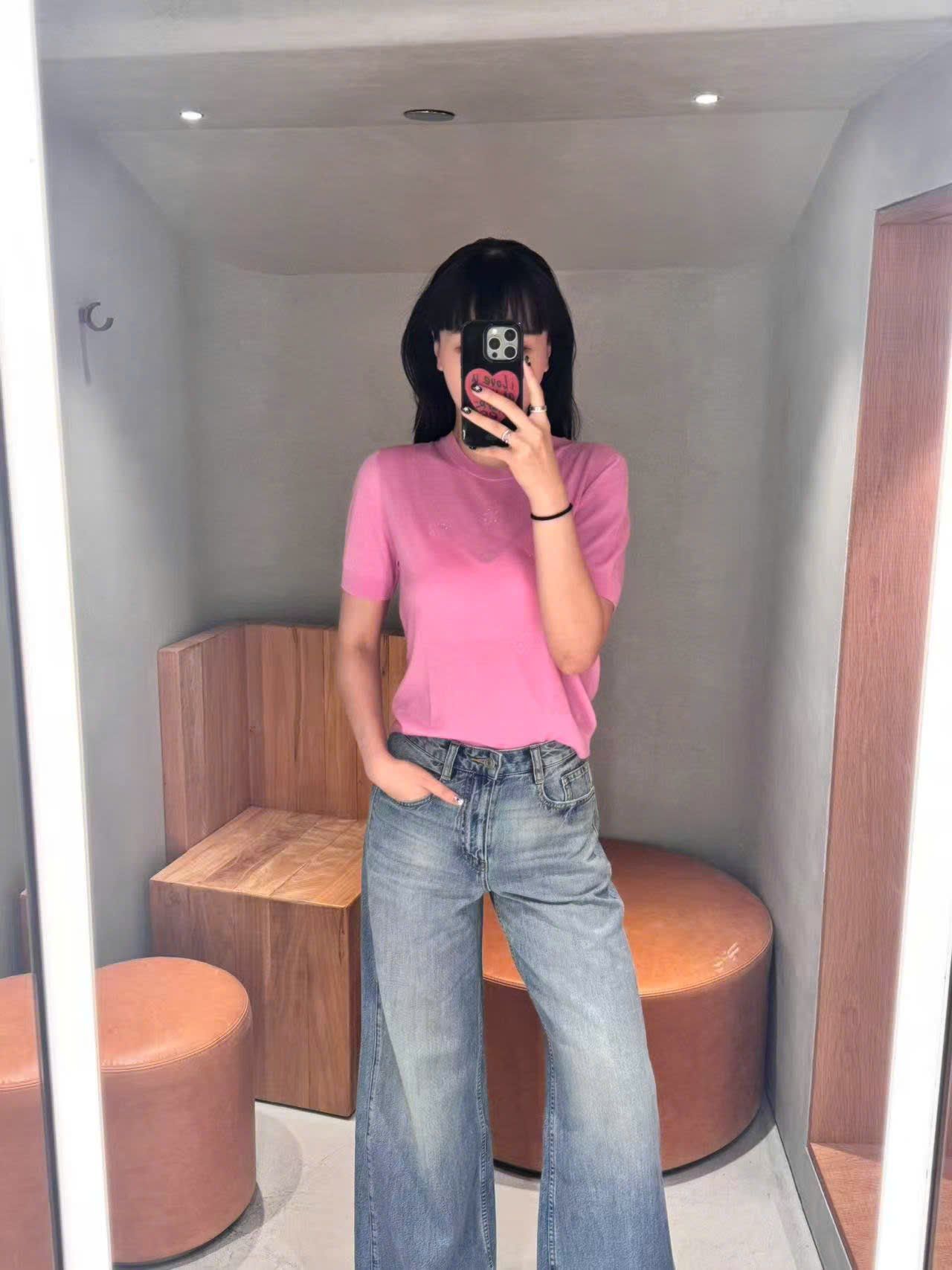  Áo hồng sen ngắn tay, bo gấu 