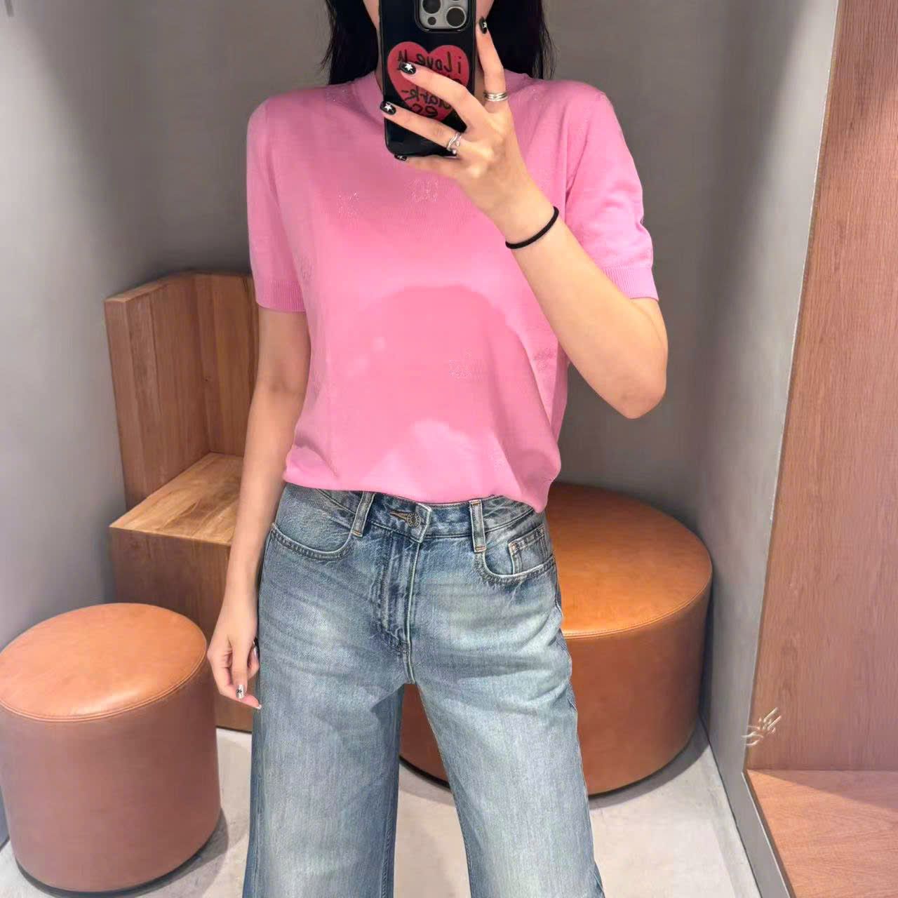  Áo hồng sen ngắn tay, bo gấu 