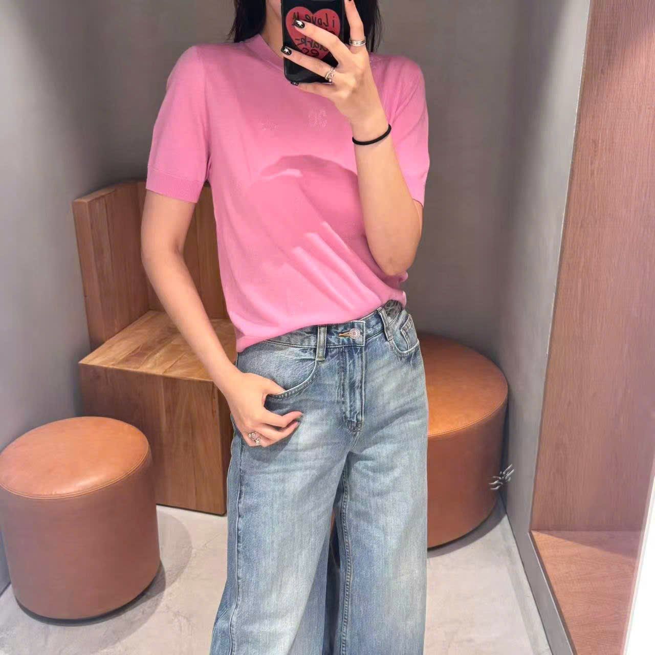  Áo hồng sen ngắn tay, bo gấu 