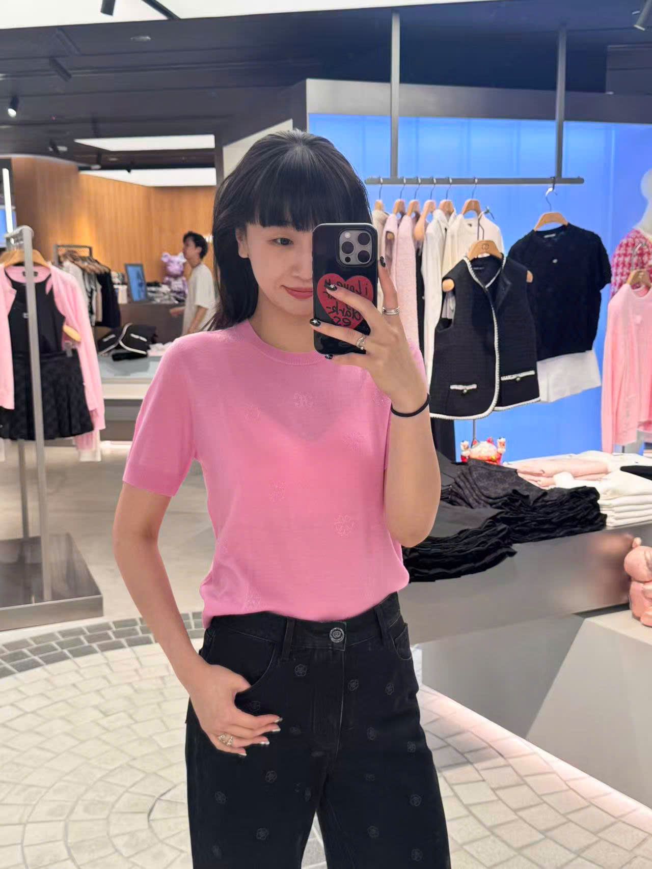  Áo hồng sen ngắn tay, bo gấu 