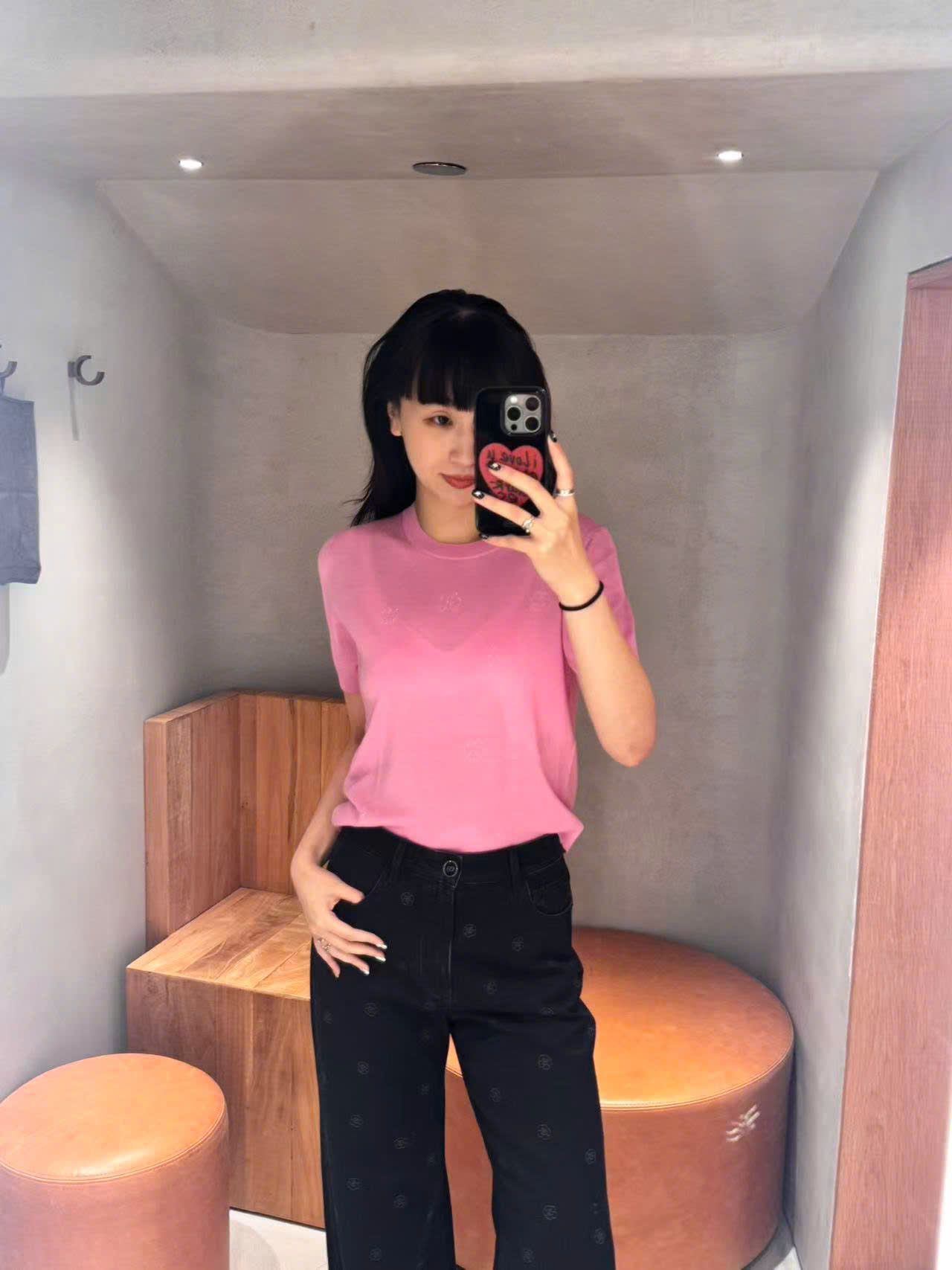  Áo hồng sen ngắn tay, bo gấu 