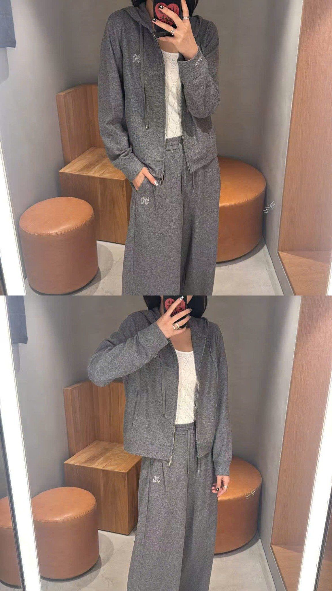  Áo khoác len xám có mũ , logo CC lồng 1 bên (SET) 