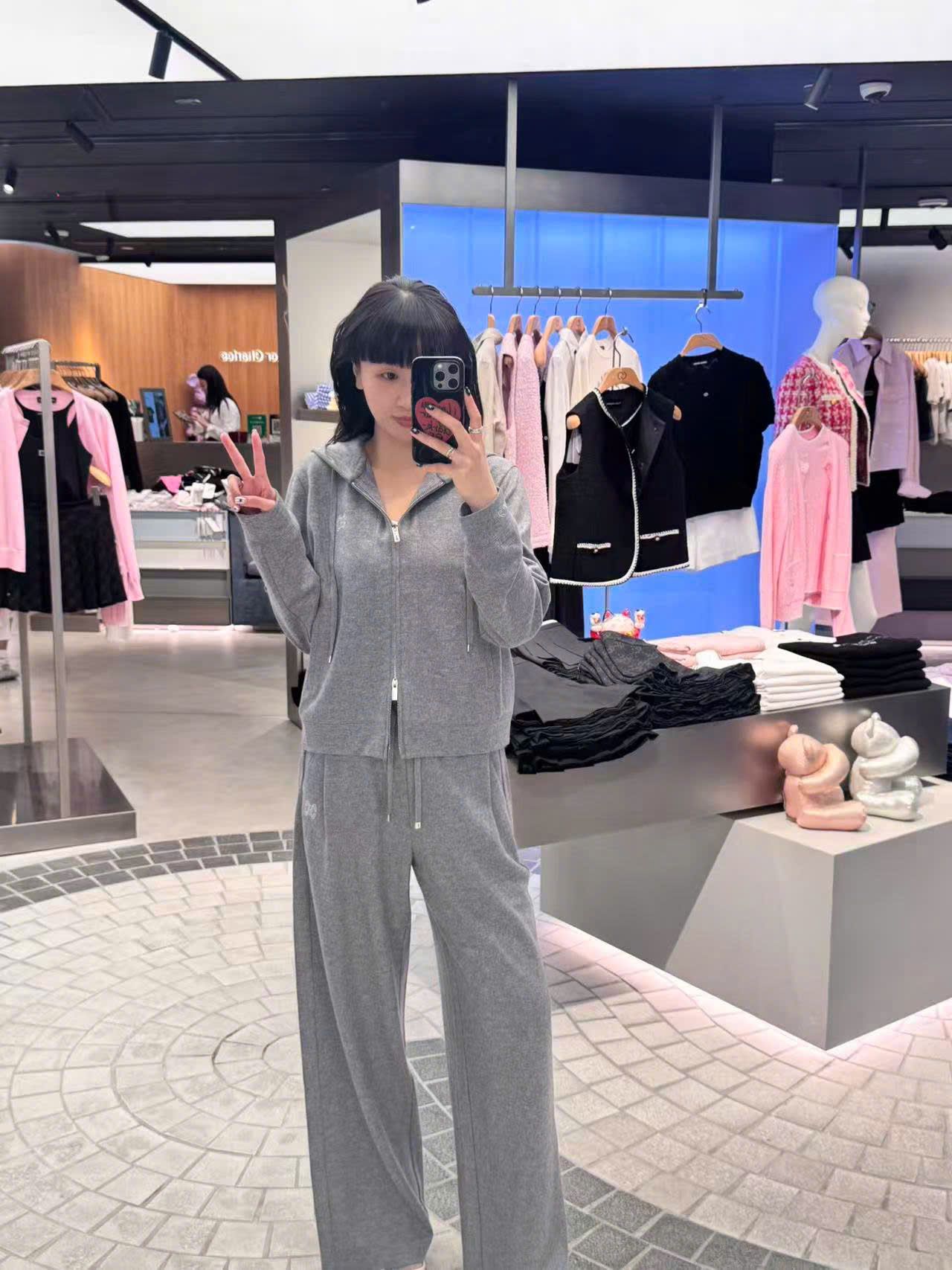  Bộ áo khoác kéo khóa có mũ và quần len cạp chun - xám Logo trắng set 