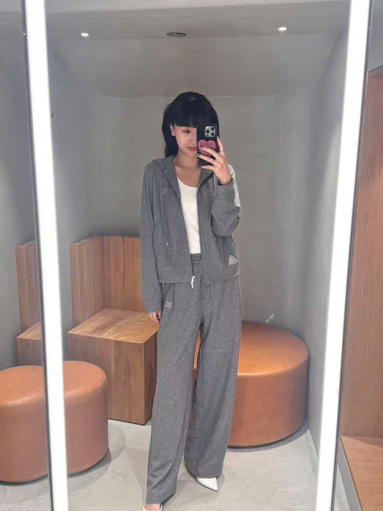  Bộ áo khoác kéo khóa có mũ và quần len cạp chun - xám Logo trắng set 