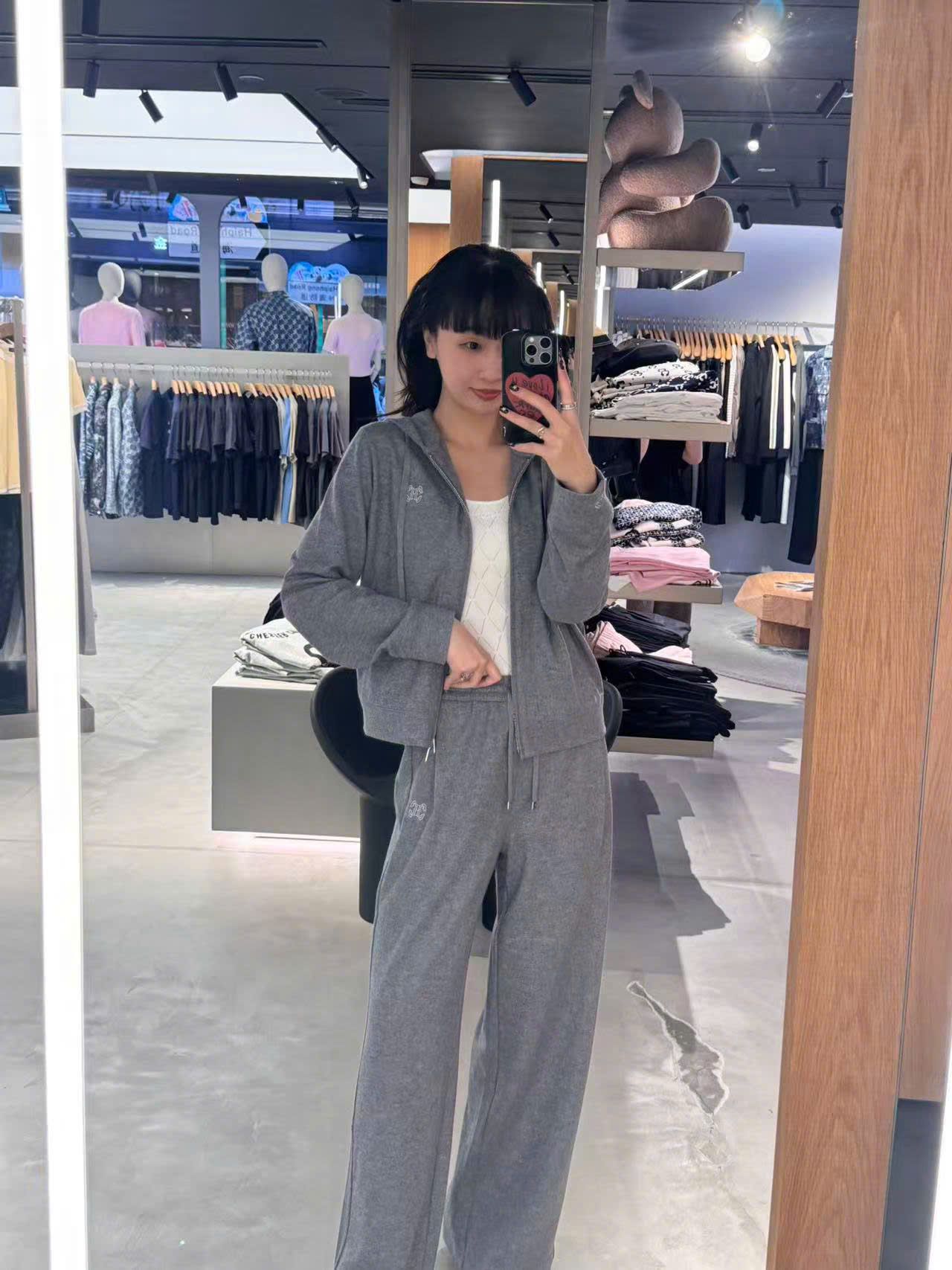  Bộ áo khoác kéo khóa có mũ và quần len cạp chun - xám Logo trắng set 