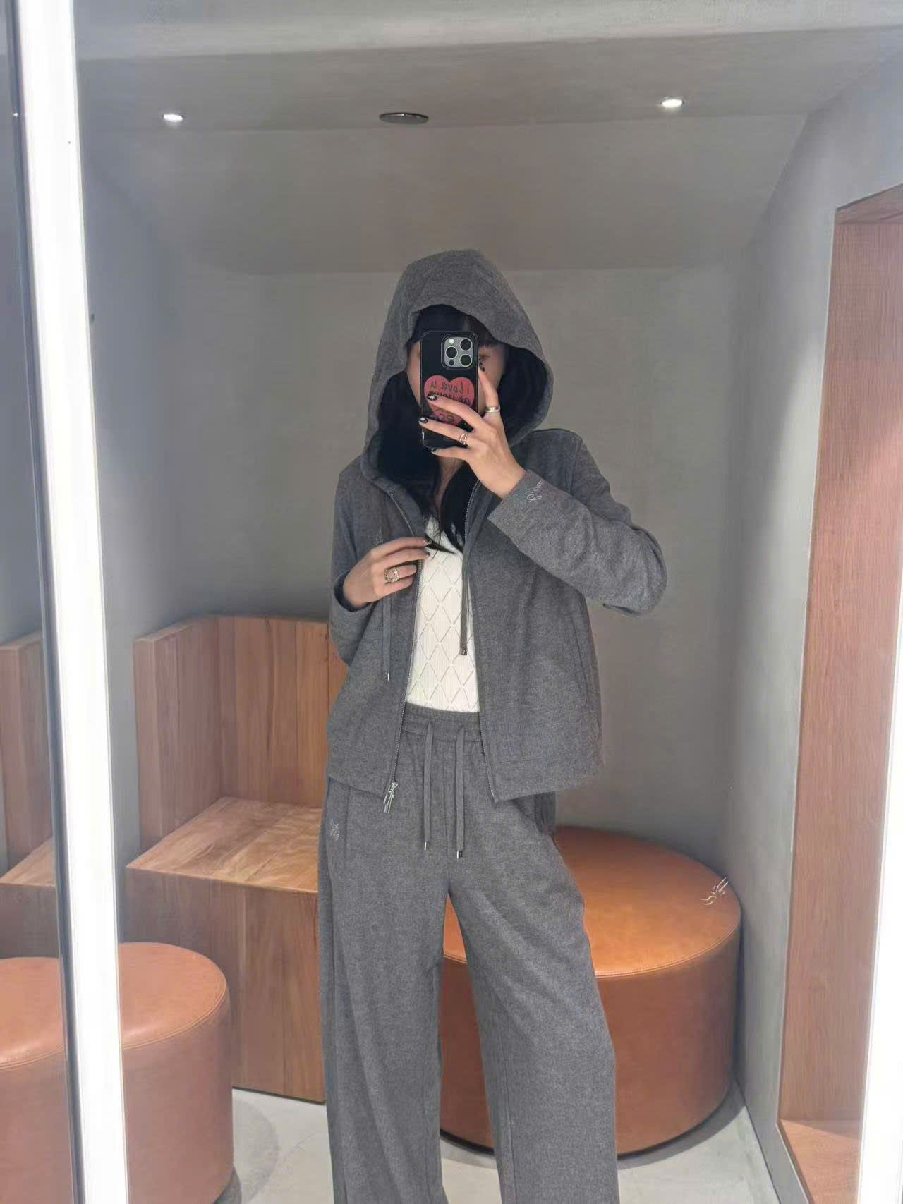  Bộ áo khoác kéo khóa có mũ và quần len cạp chun - xám Logo trắng set 