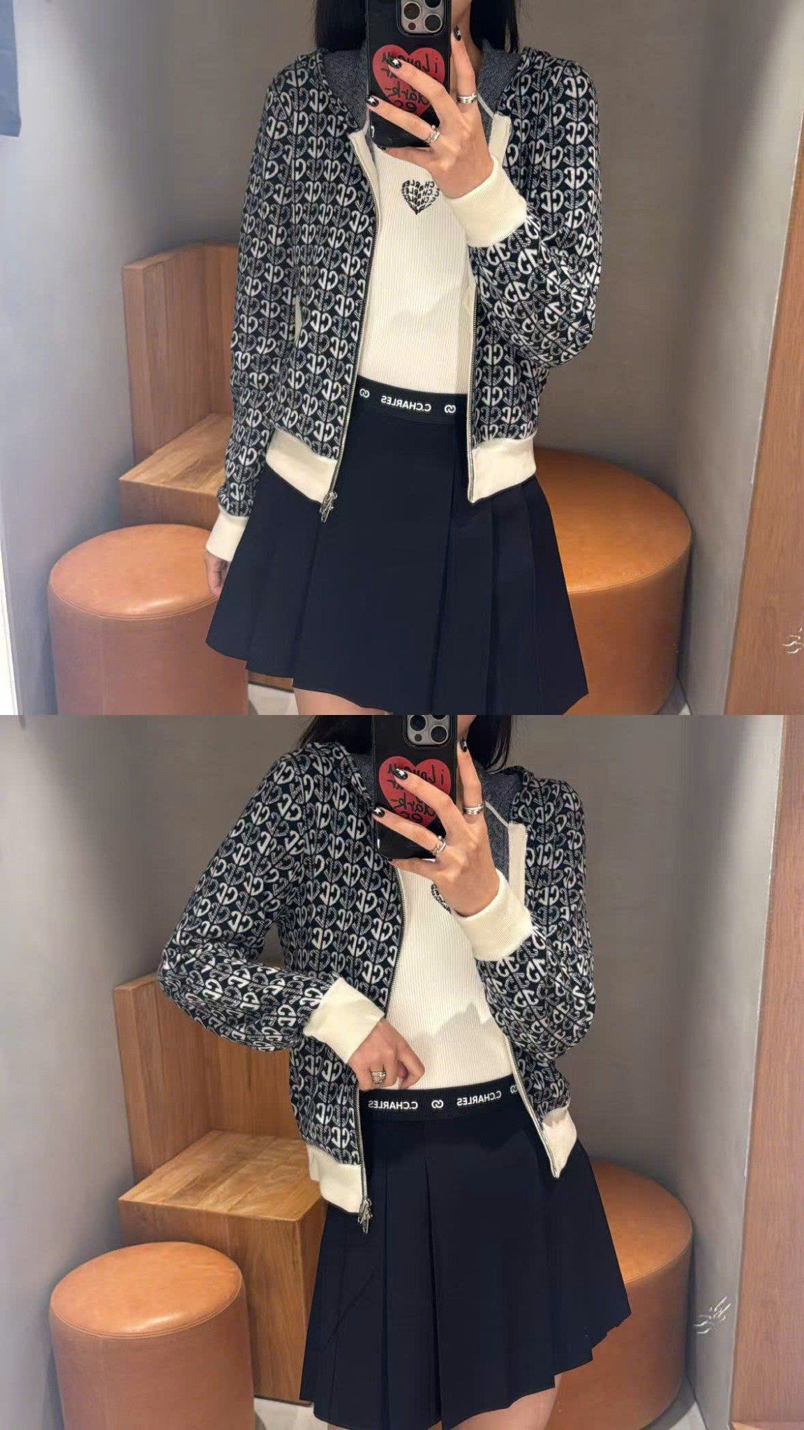  2.Chân váy đen ngắn xếp ly cạp chữ 0636 