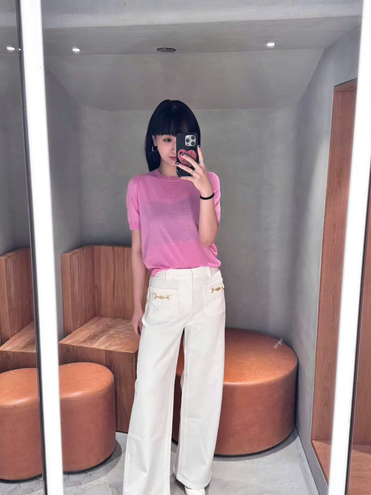  Áo hồng sen ngắn tay, bo gấu 