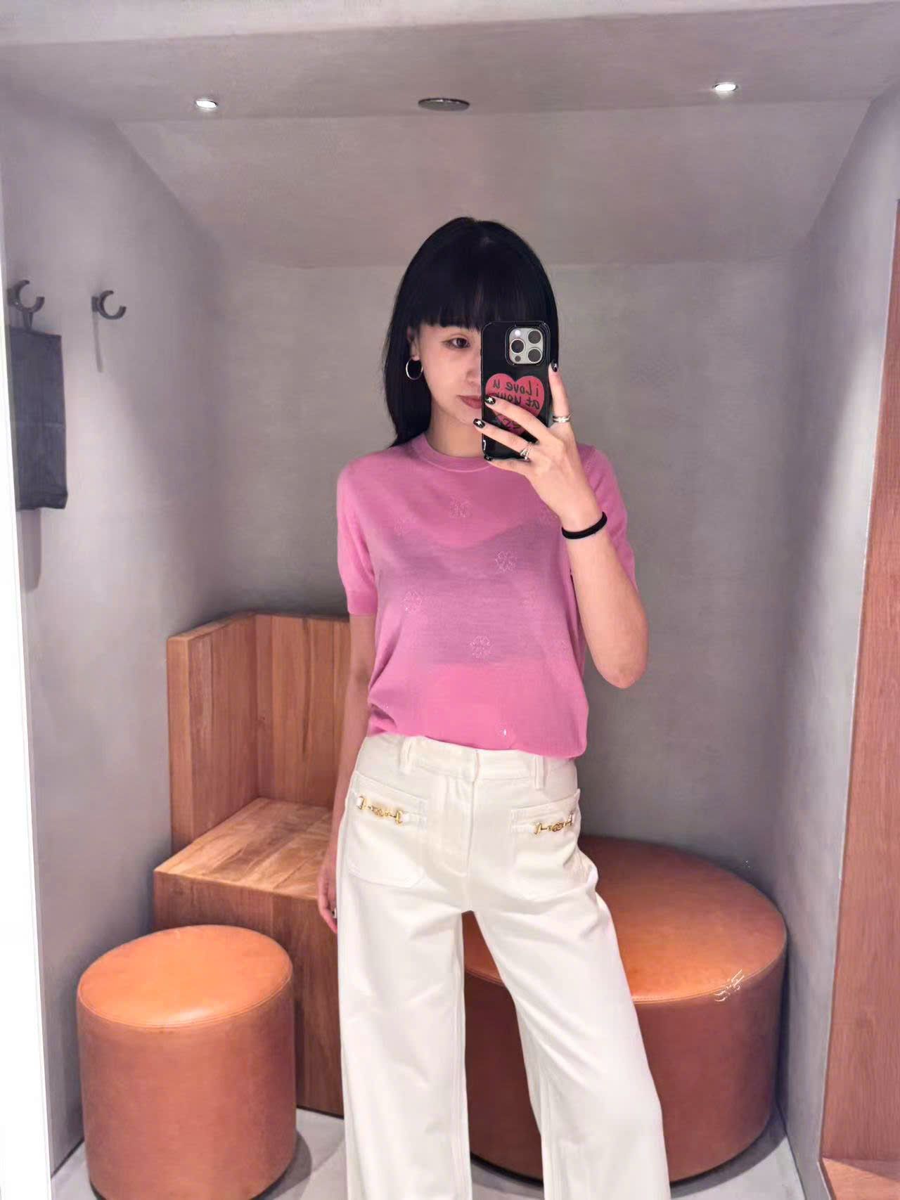  Áo hồng sen ngắn tay, bo gấu 