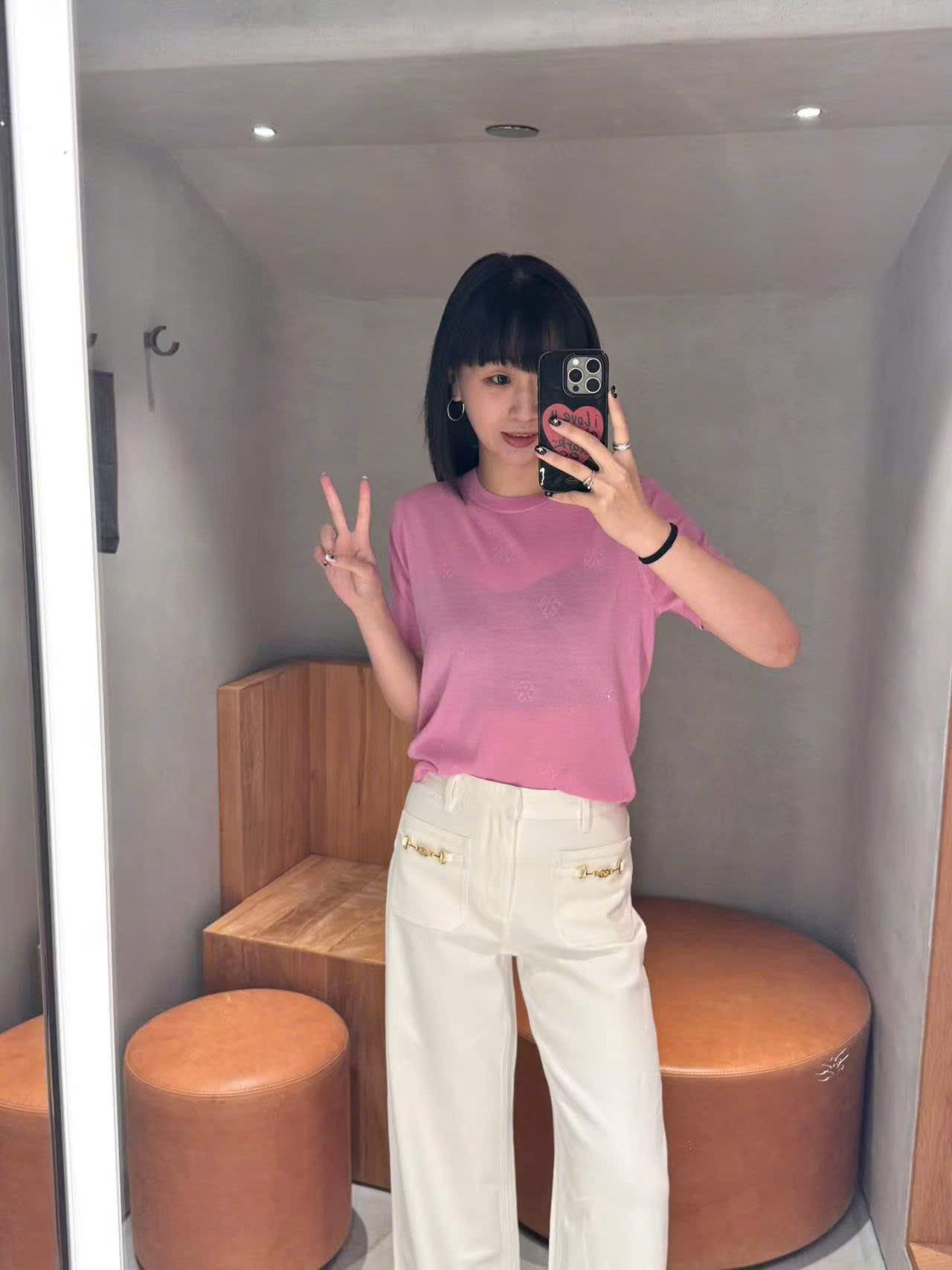  Áo hồng sen ngắn tay, bo gấu 