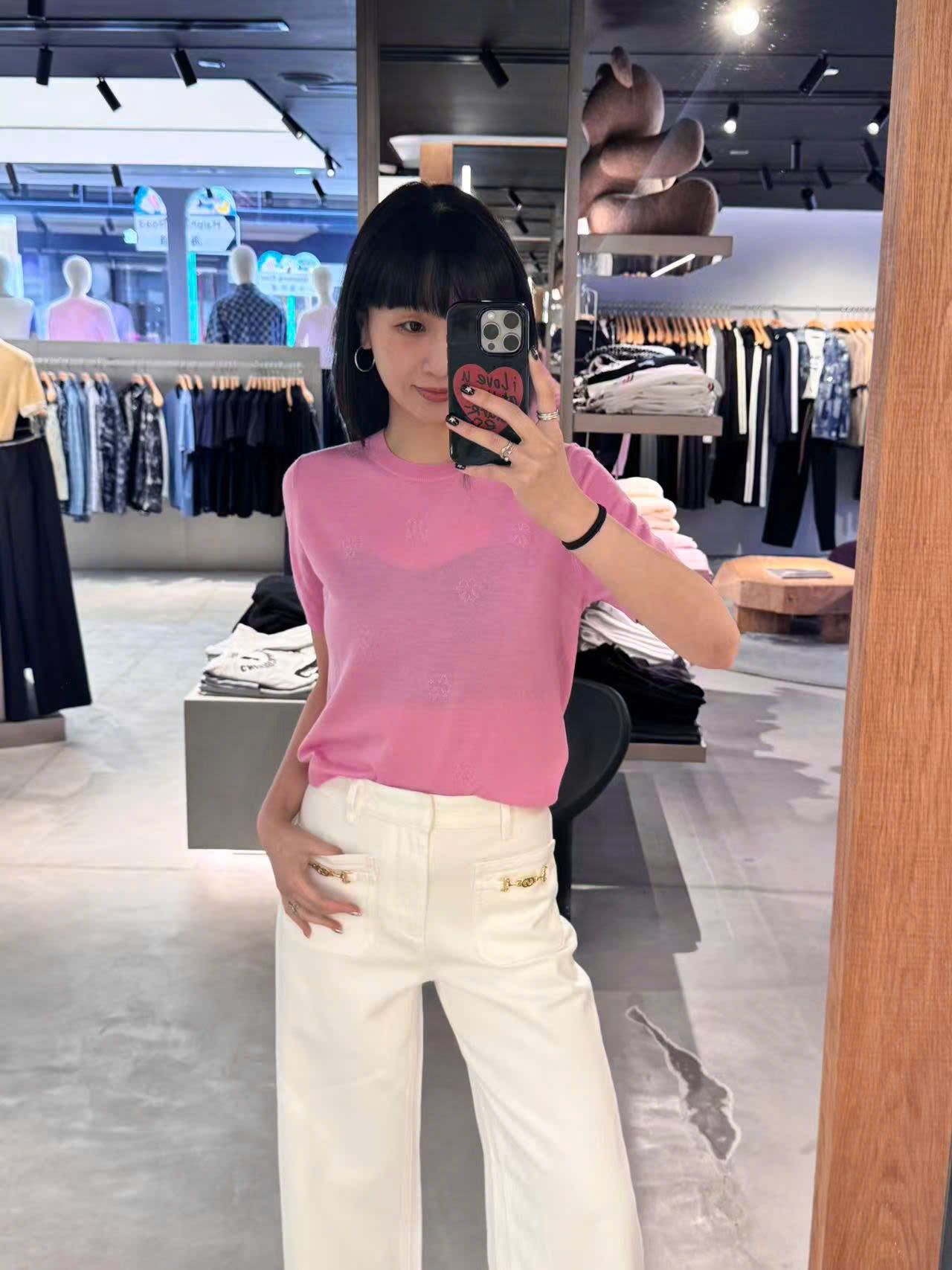  Áo hồng sen ngắn tay, bo gấu 