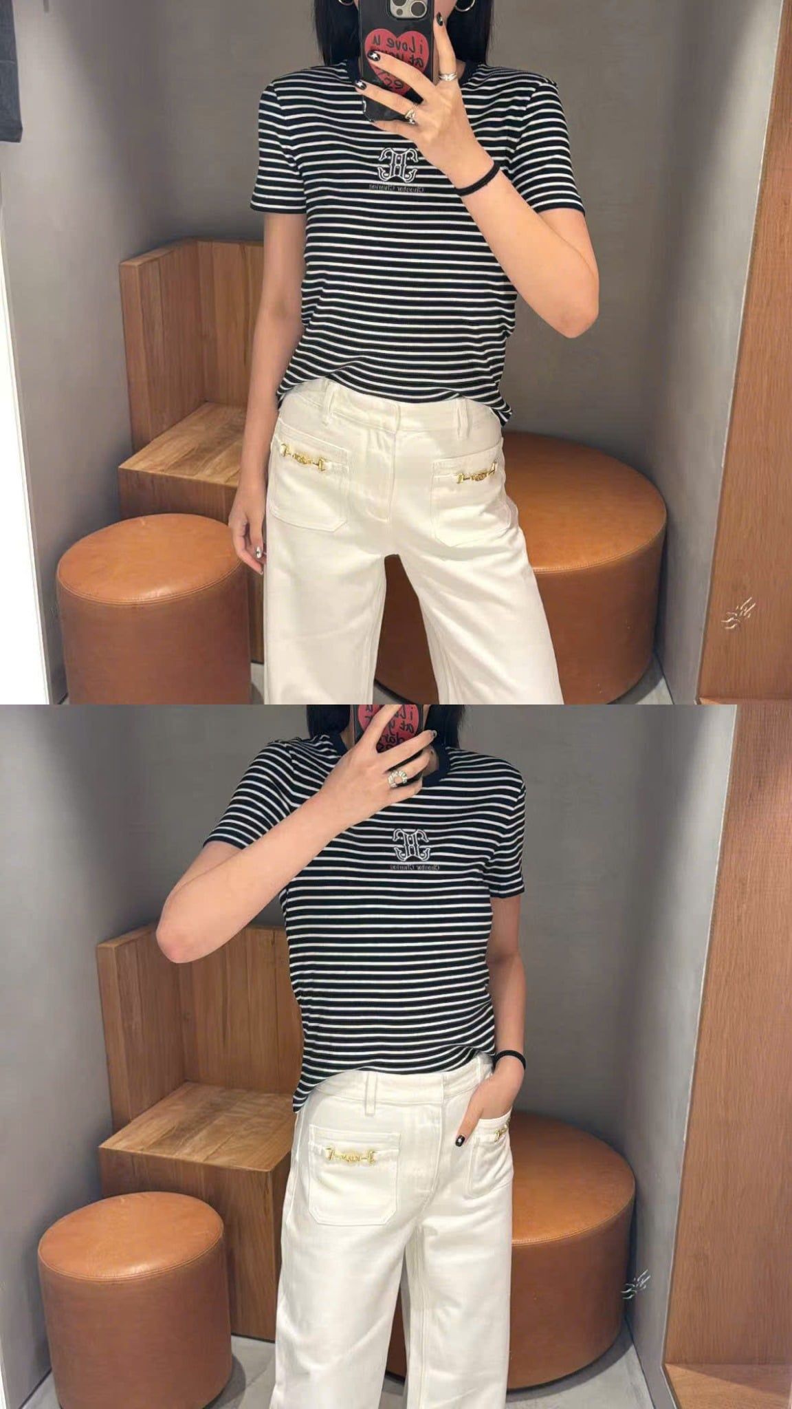  Áo kẻ đen trắng ss25, ngực logo chữ lồng 