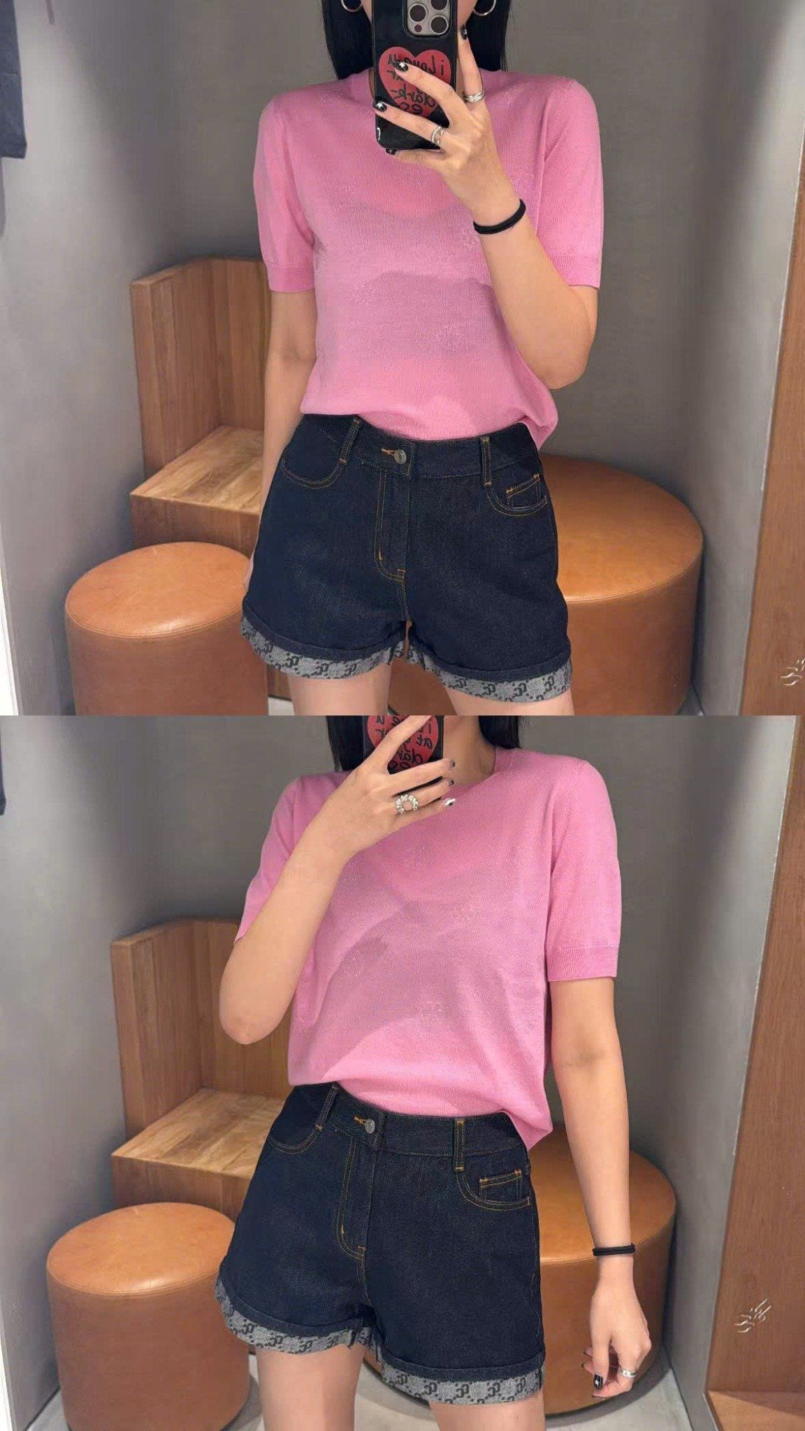  5.Quần sooc Jean xanh gấp gấu Logo 