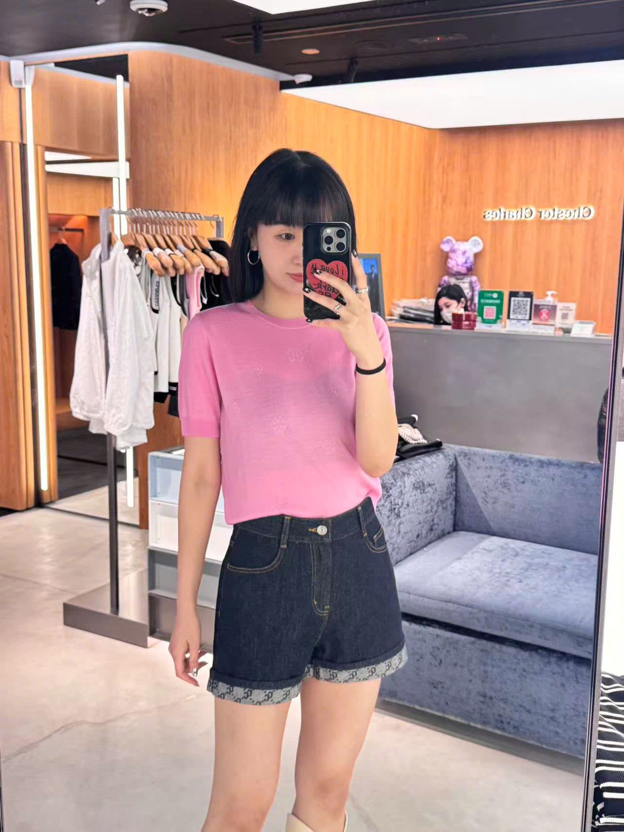  Áo hồng sen ngắn tay, bo gấu 