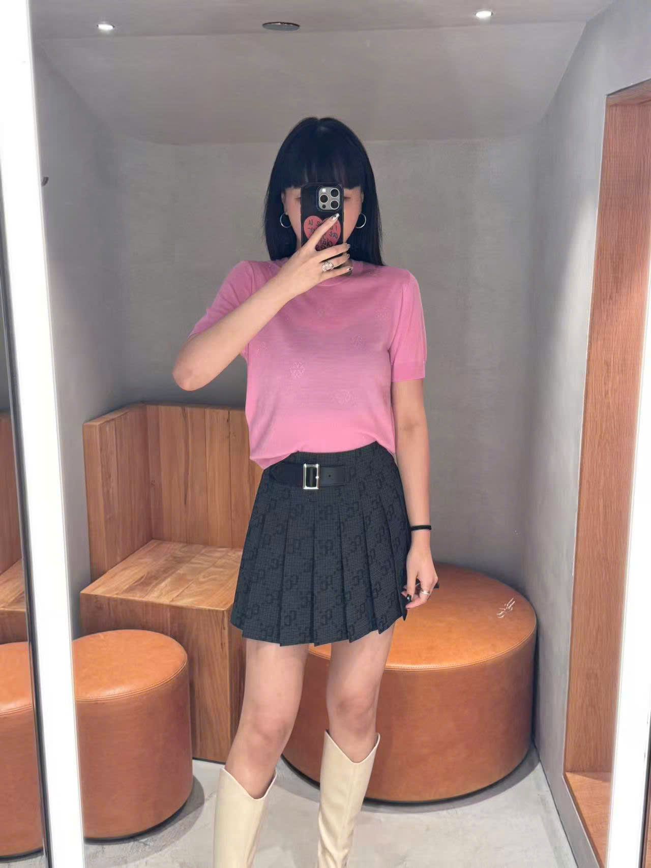  Chân váy ngắn kèm belt họa tiết thoi CC 