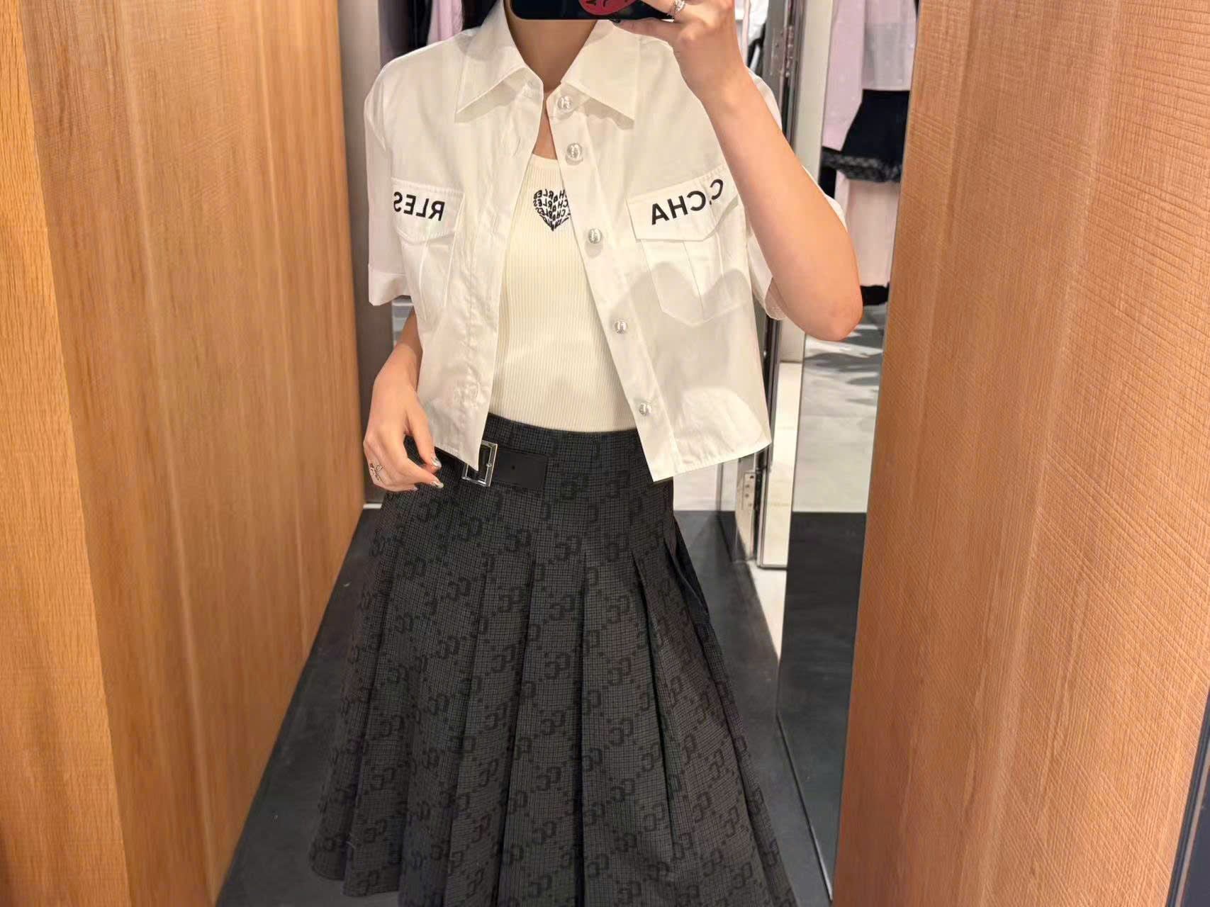  Chân váy dài kèm belt kẻ thoi CC 