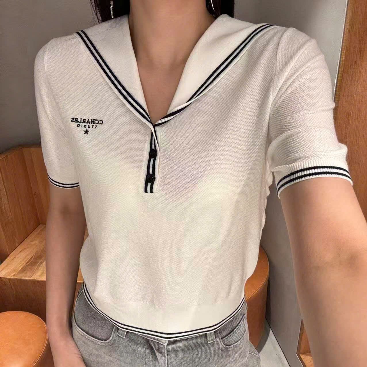  1.Áo trắng thủy thủ kẻ Navy 