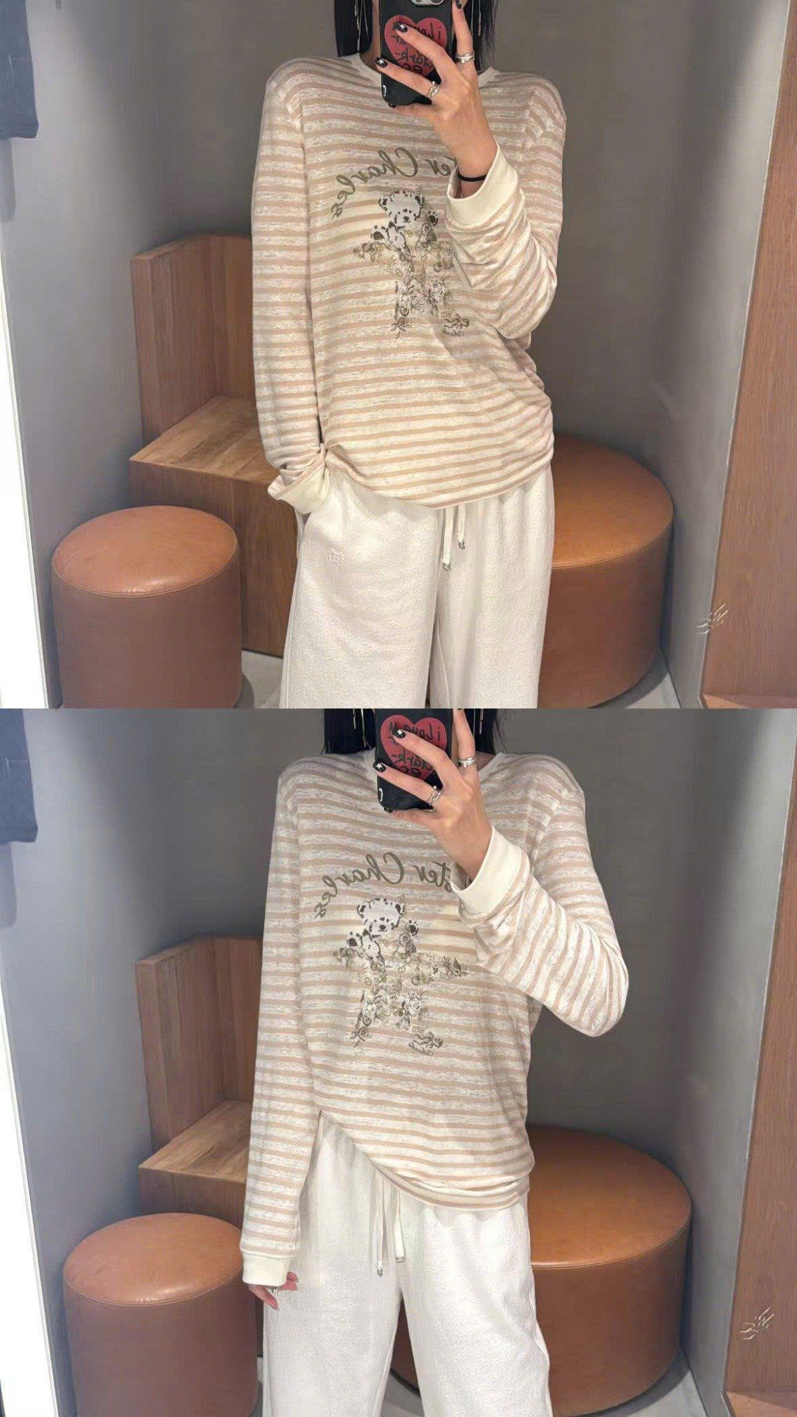  Áo dài tay kẻ nâu, ngực gấu ôm sao 