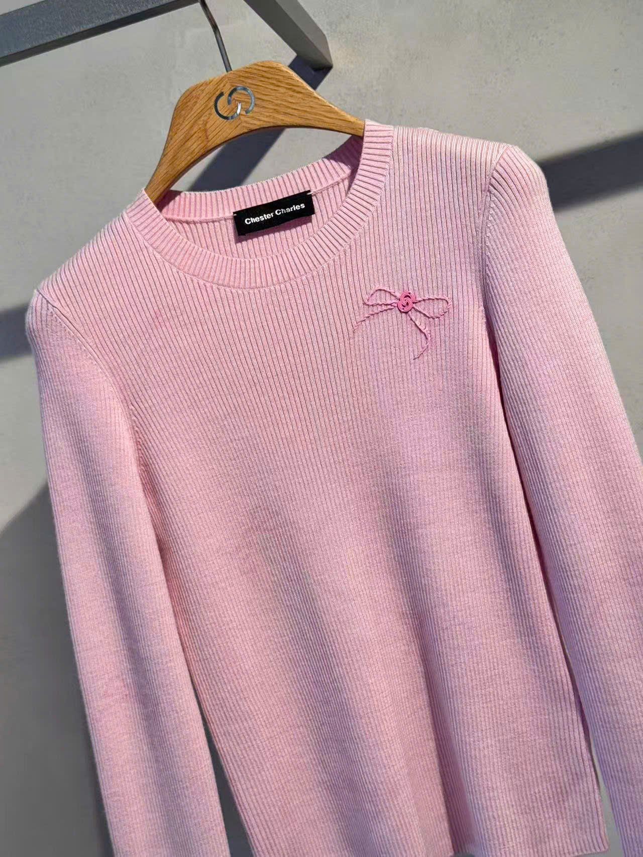  Áo len dài tay nơ hồng 