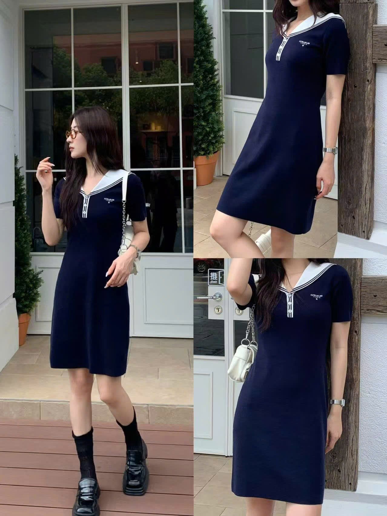  1.Váy thủy thủ xanh navy, cổ V trắng 