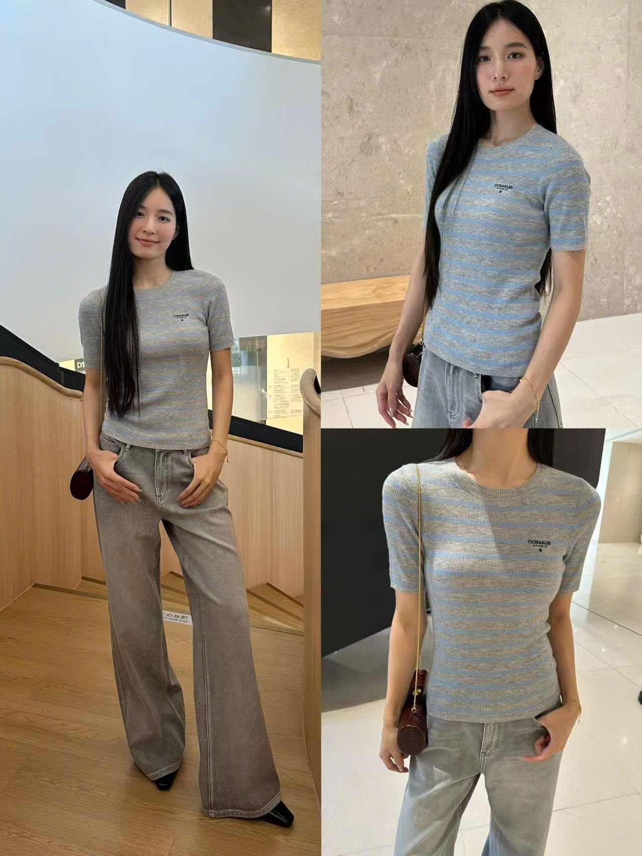  Áo xám kẻ xanh, logo chữ đen nhỏ 