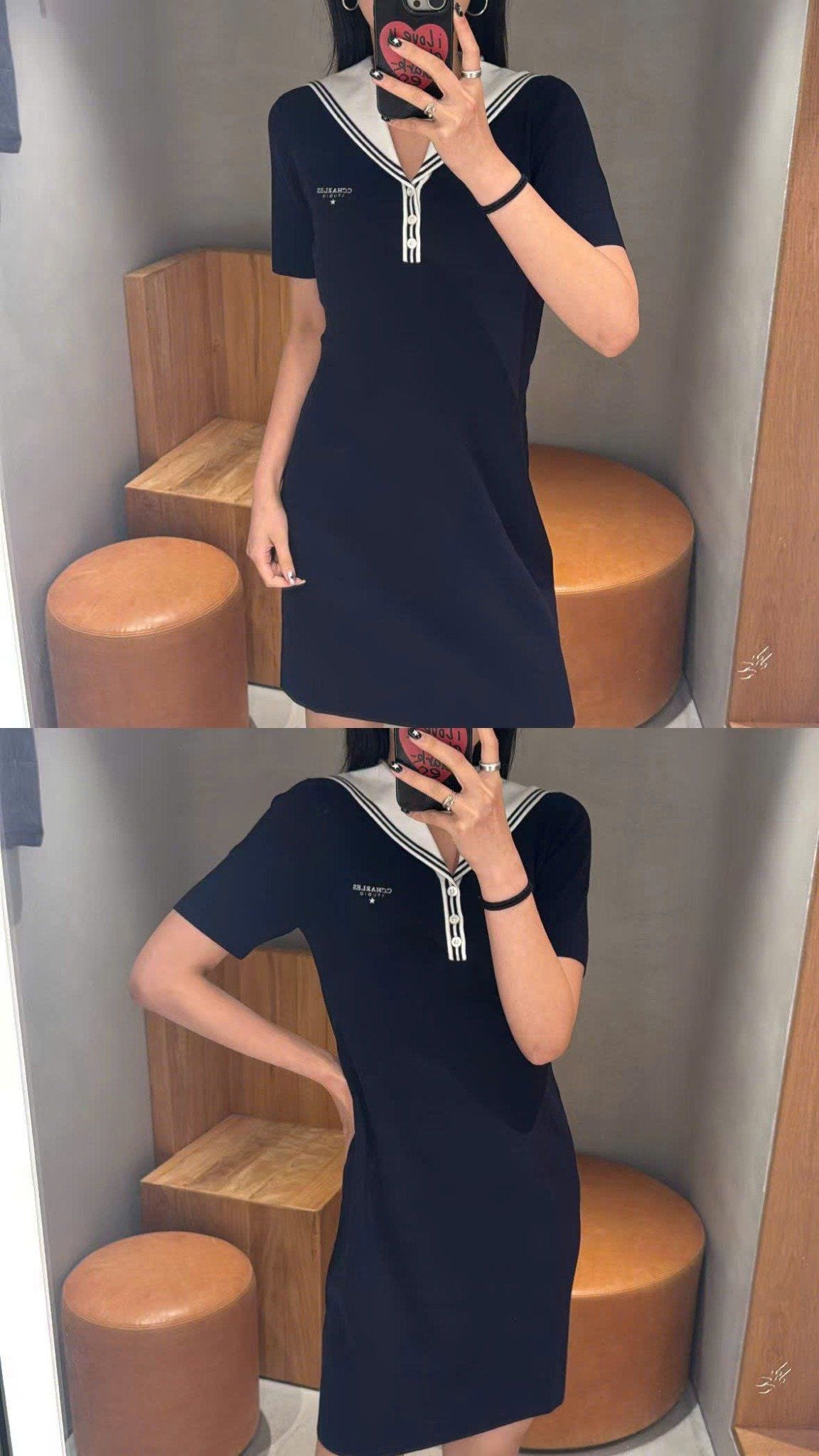  1.Váy thủy thủ xanh navy, cổ V trắng 