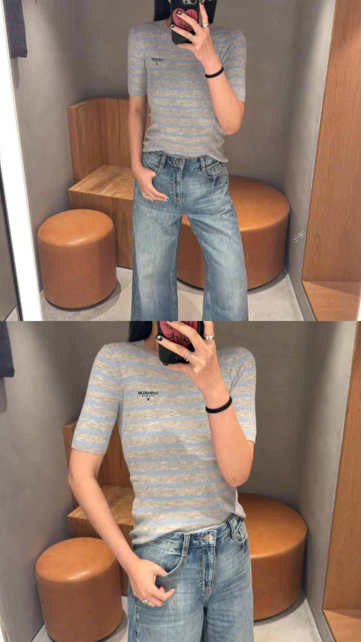  Áo xám kẻ xanh, logo chữ đen nhỏ 