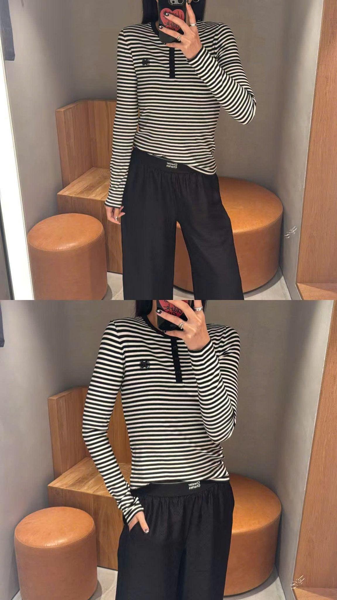  Áo thun kẻ đen trắng cổ cài cúc -nơ đen nhỏ 