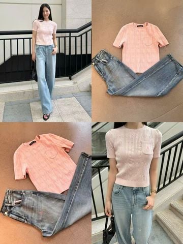  3.Áo hồng baby, vân sọc túi gấu 1 bên 