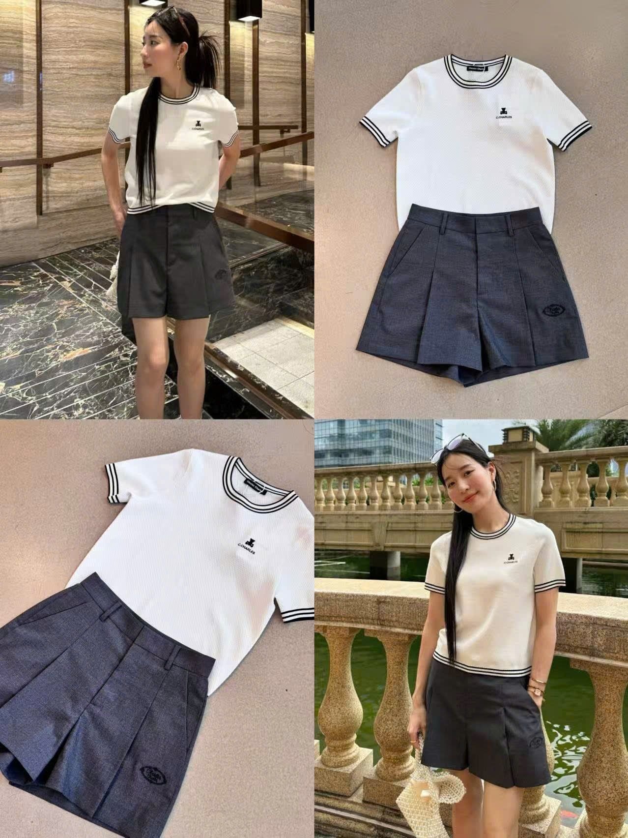  Áo trắng ngắn tay, cổ tròn, viền - gấu đen 