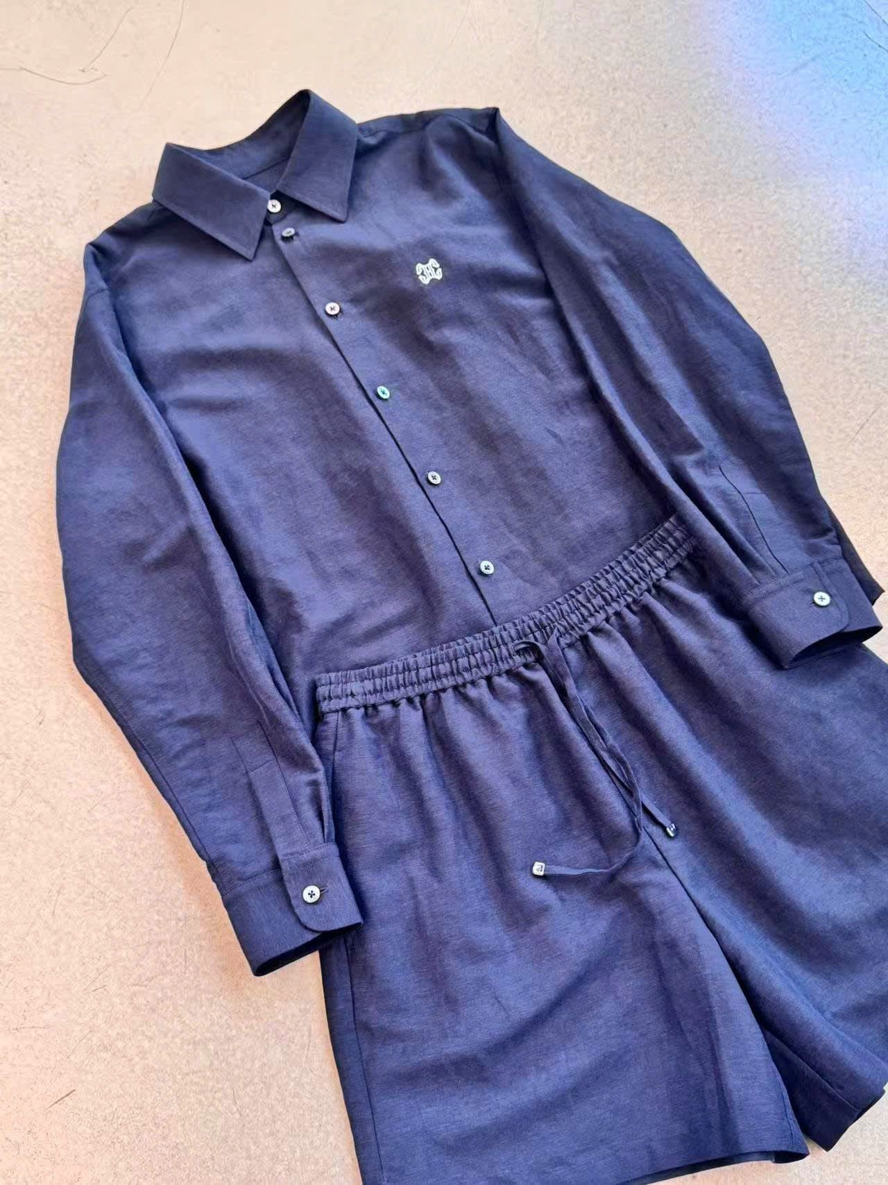  Bộ Áo sơ mi và quần sooc cạp chun - xanh than logo trắng set 